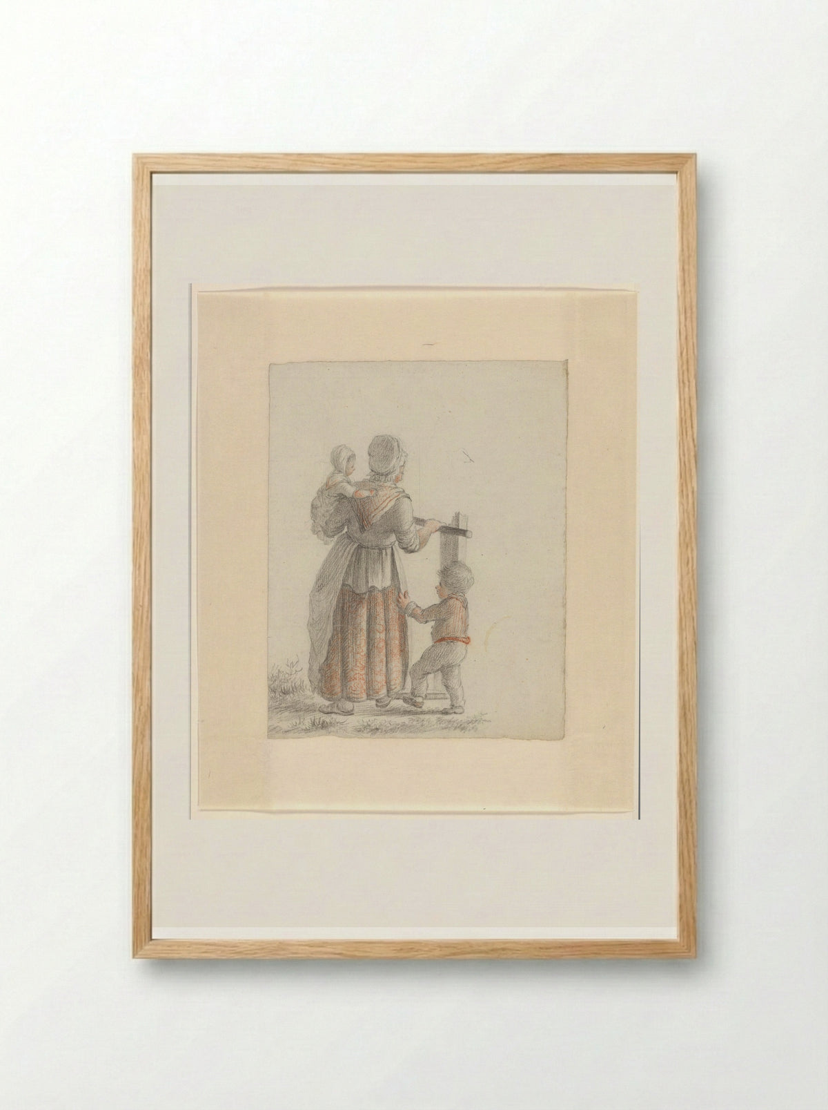 Moeder met twee kinderen bij een hek - Johannes van Reijn - Framed Print Wood