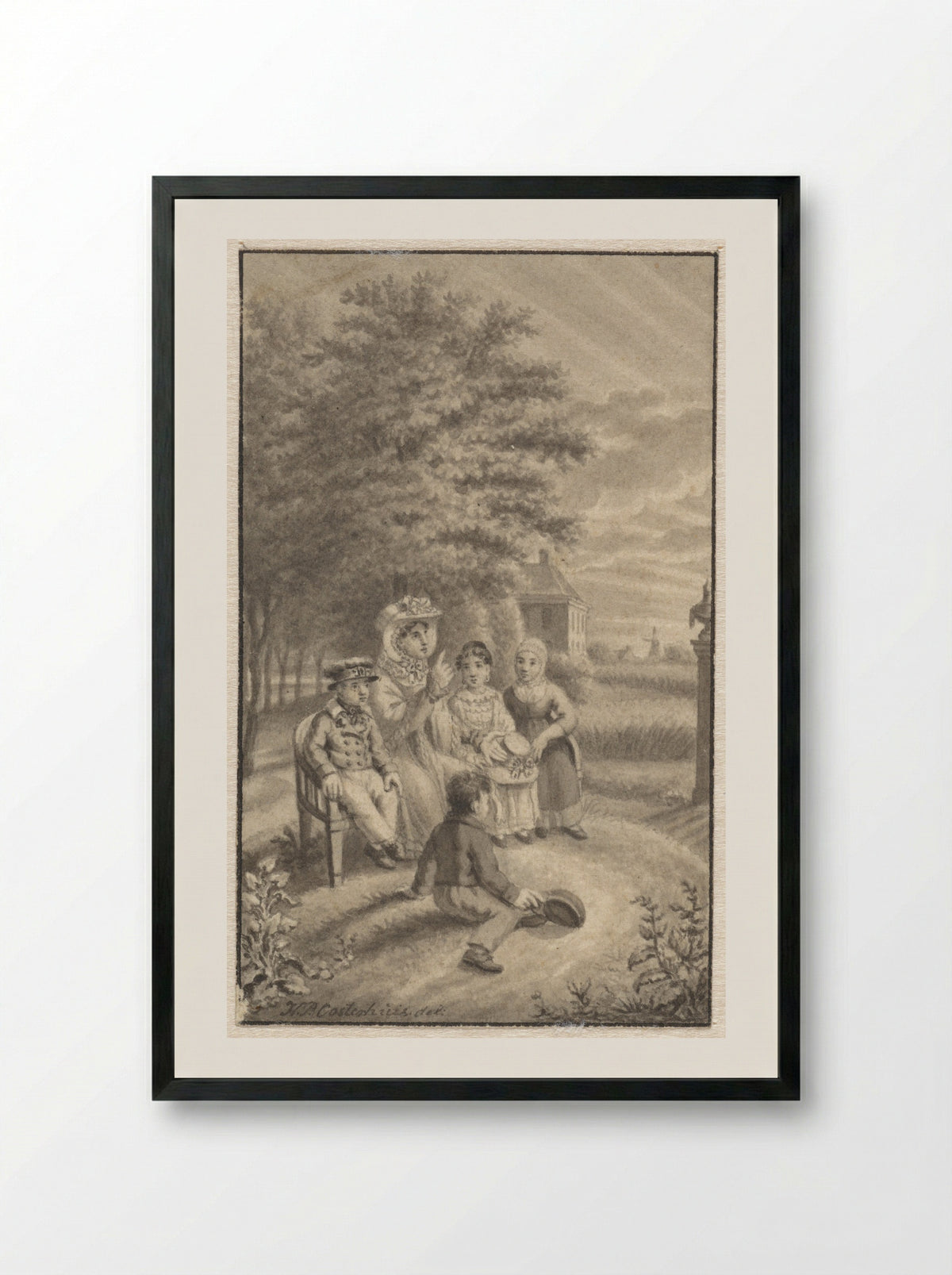 Moeder zittend met vier kinderen in een landschap - Haatje Pieters Oosterhuis - Framed Print Black