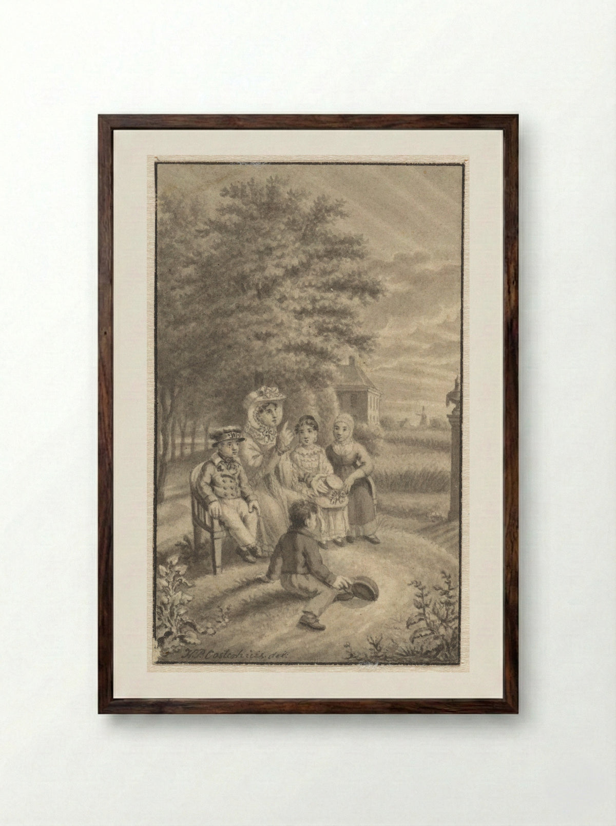 Moeder zittend met vier kinderen in een landschap - Haatje Pieters Oosterhuis - Framed Print Dark Wood