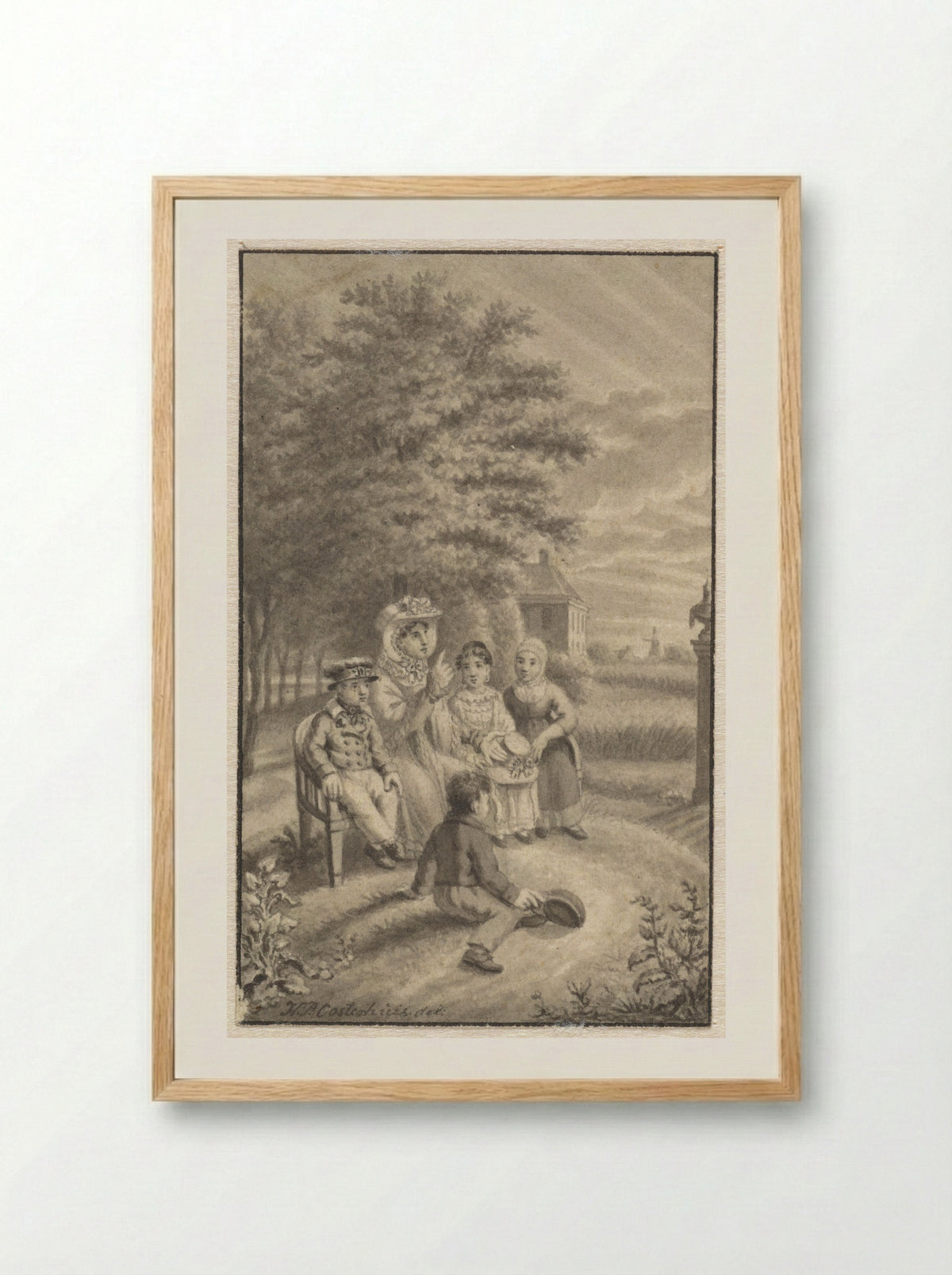 Moeder zittend met vier kinderen in een landschap - Haatje Pieters Oosterhuis - Framed Print Wood