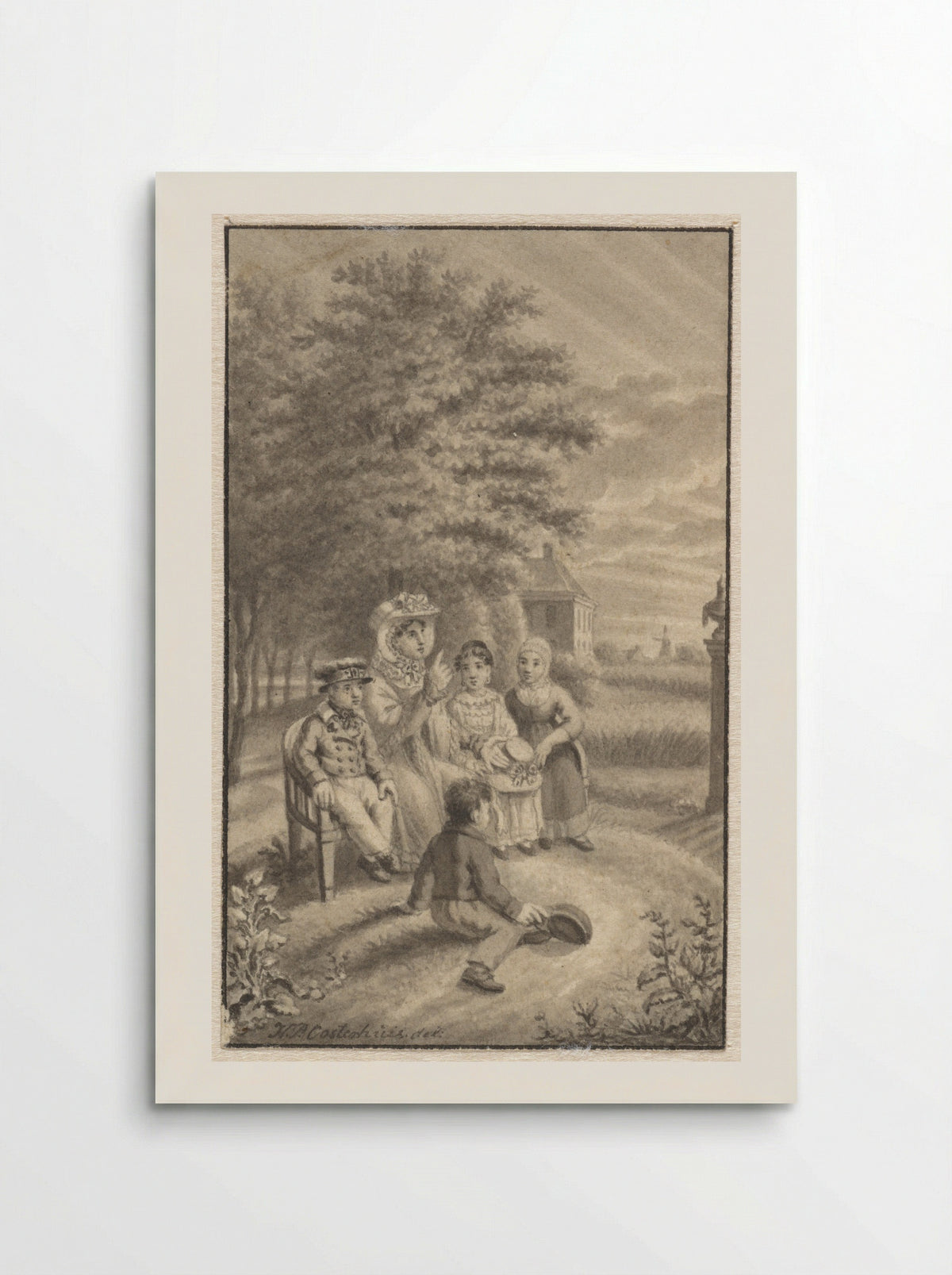 Moeder zittend met vier kinderen in een landschap - Haatje Pieters Oosterhuis - Poster
