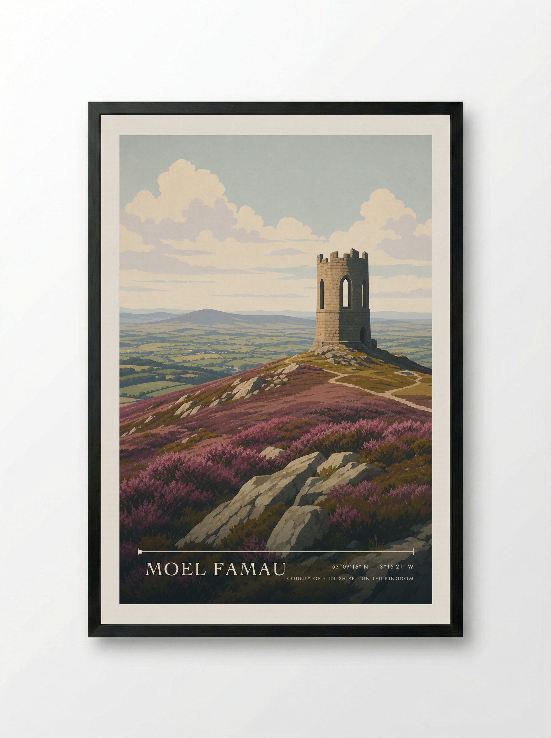 Moel Famau County of Flintshire United Kingdom Travel Poster - Framed Print Black
