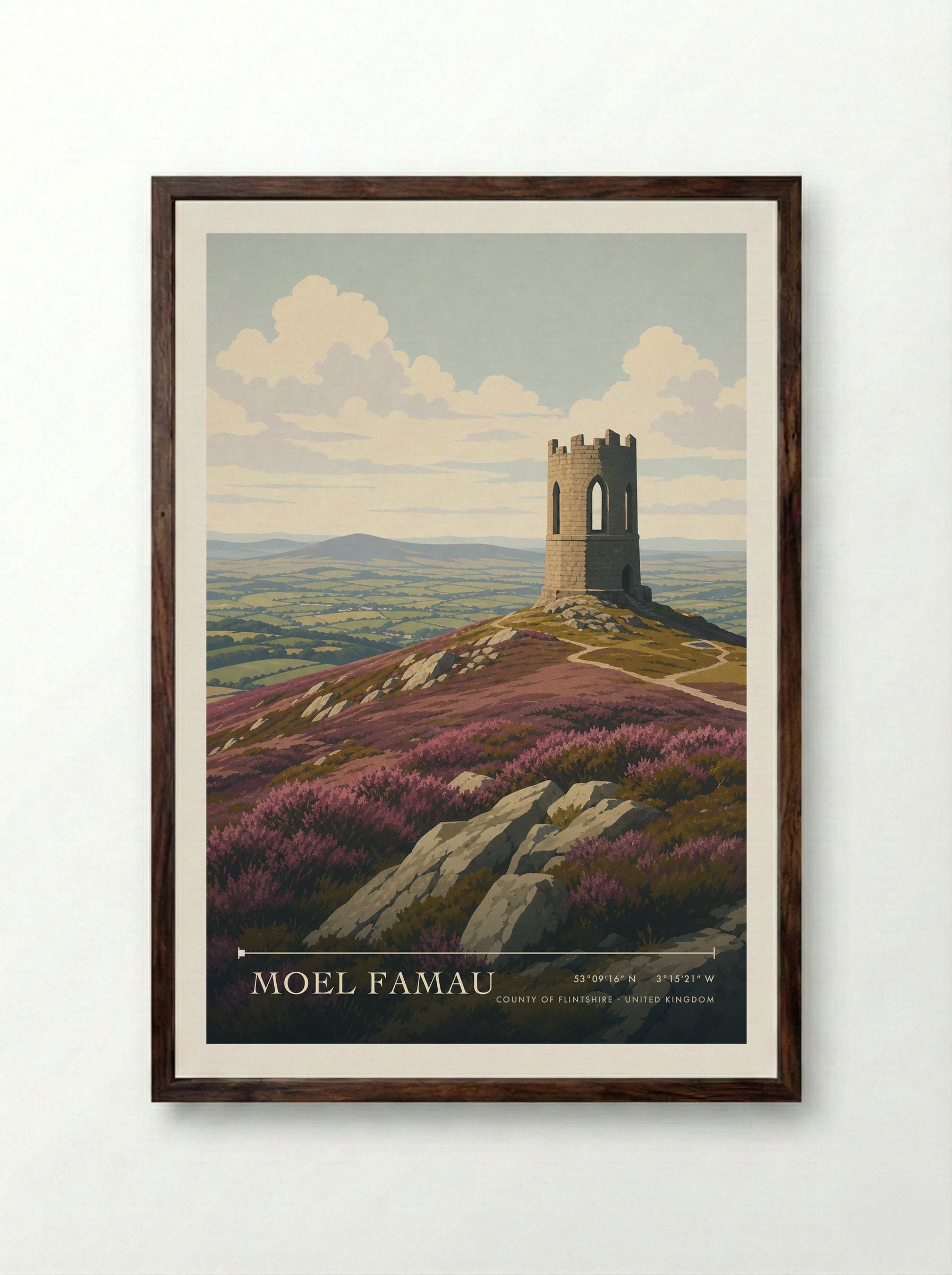 Moel Famau County of Flintshire United Kingdom Travel Poster - Framed Print Dark Wood