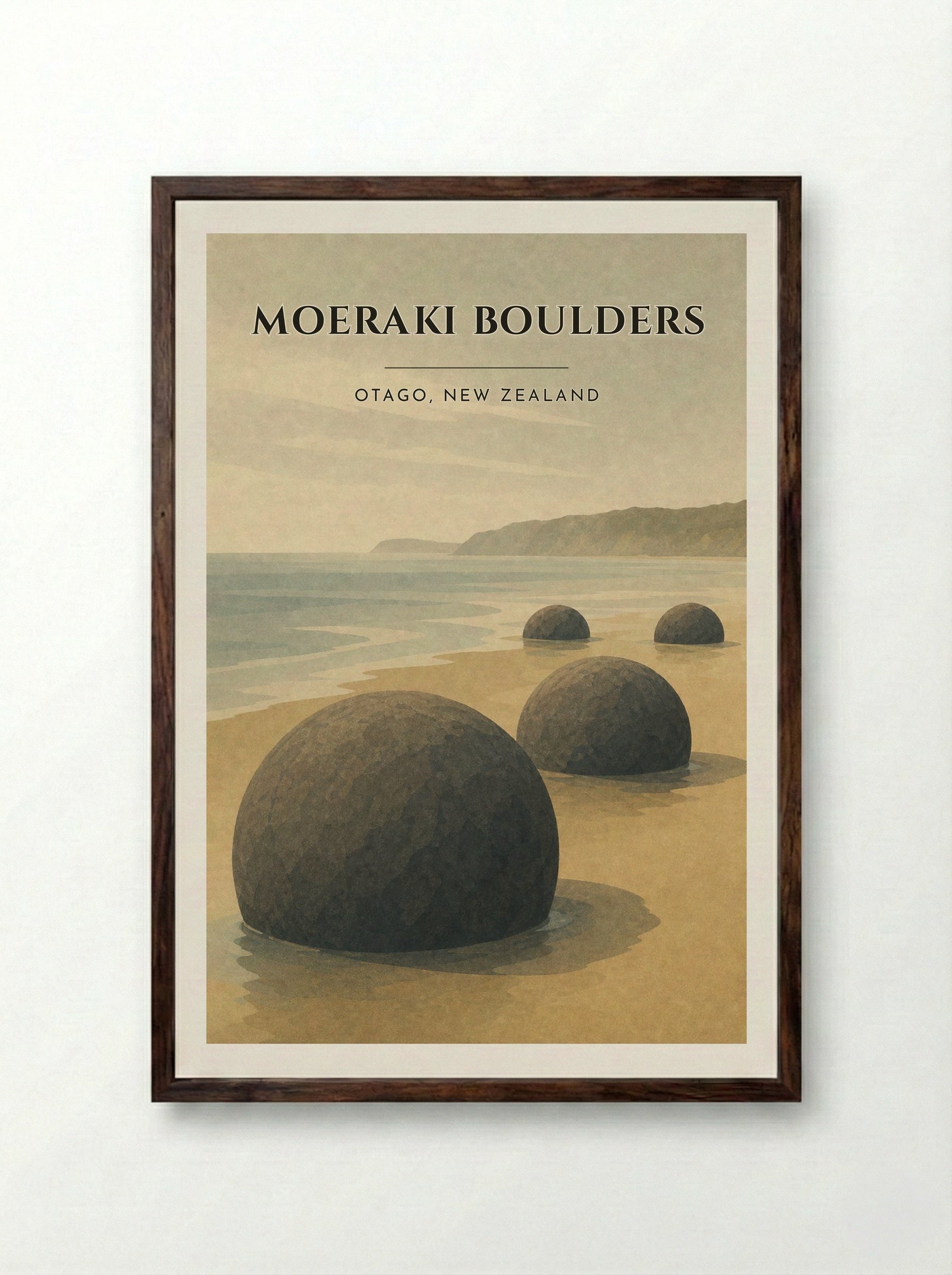 Moeraki Boulders Travel Poster Artwork - Framed Print Dark Wood