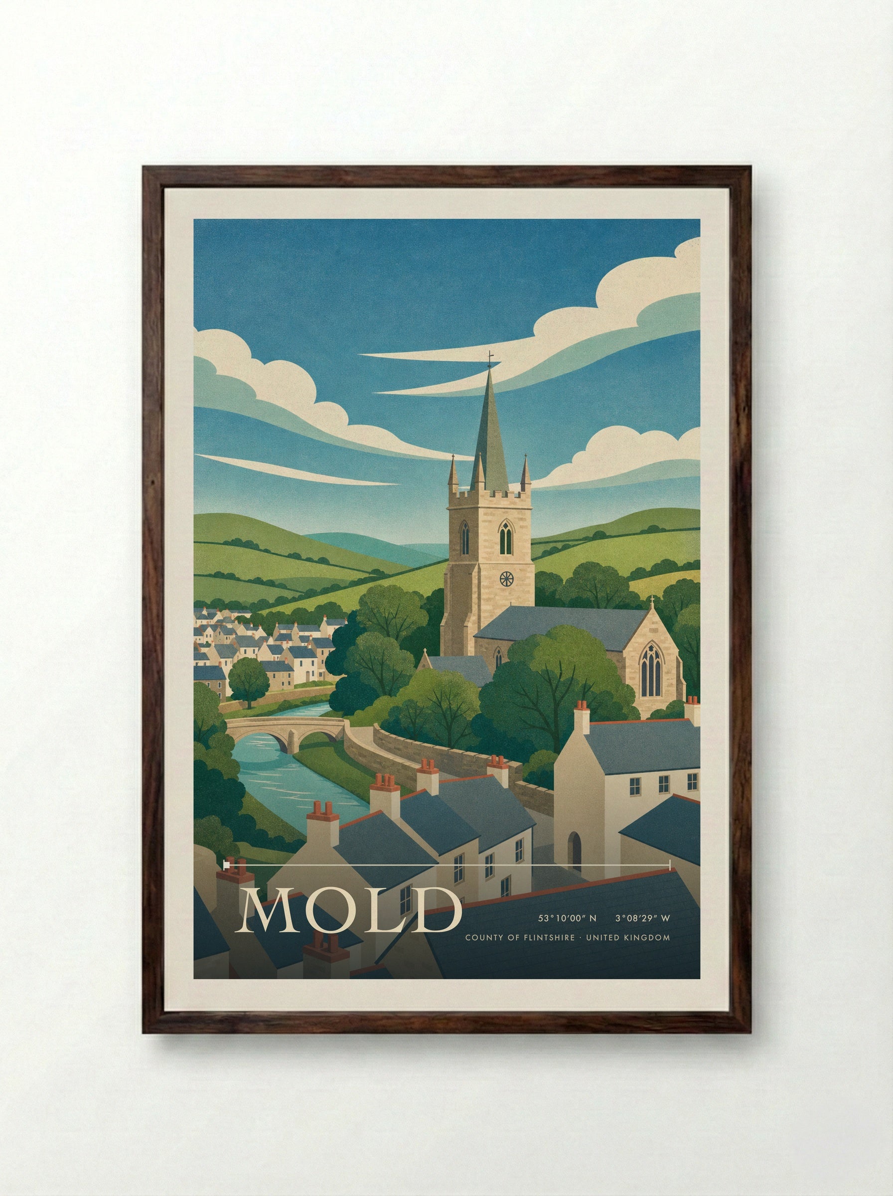 Mold County of Flintshire United Kingdom Travel Poster - Framed Print Dark Wood