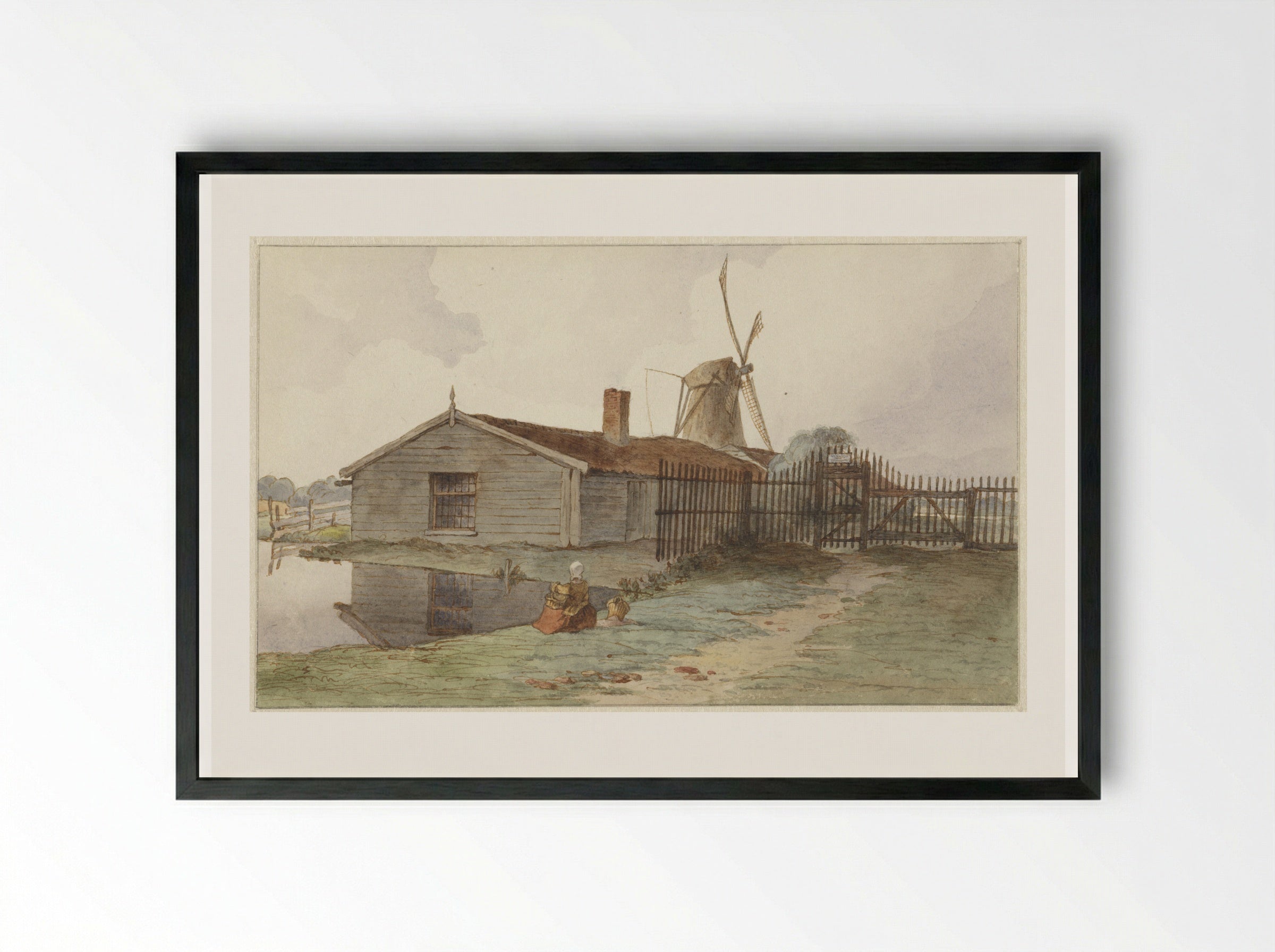 Molen met houten gebouwen bij Amsterdam - Hendrik Abraham Klinkhamer - Framed Print Black