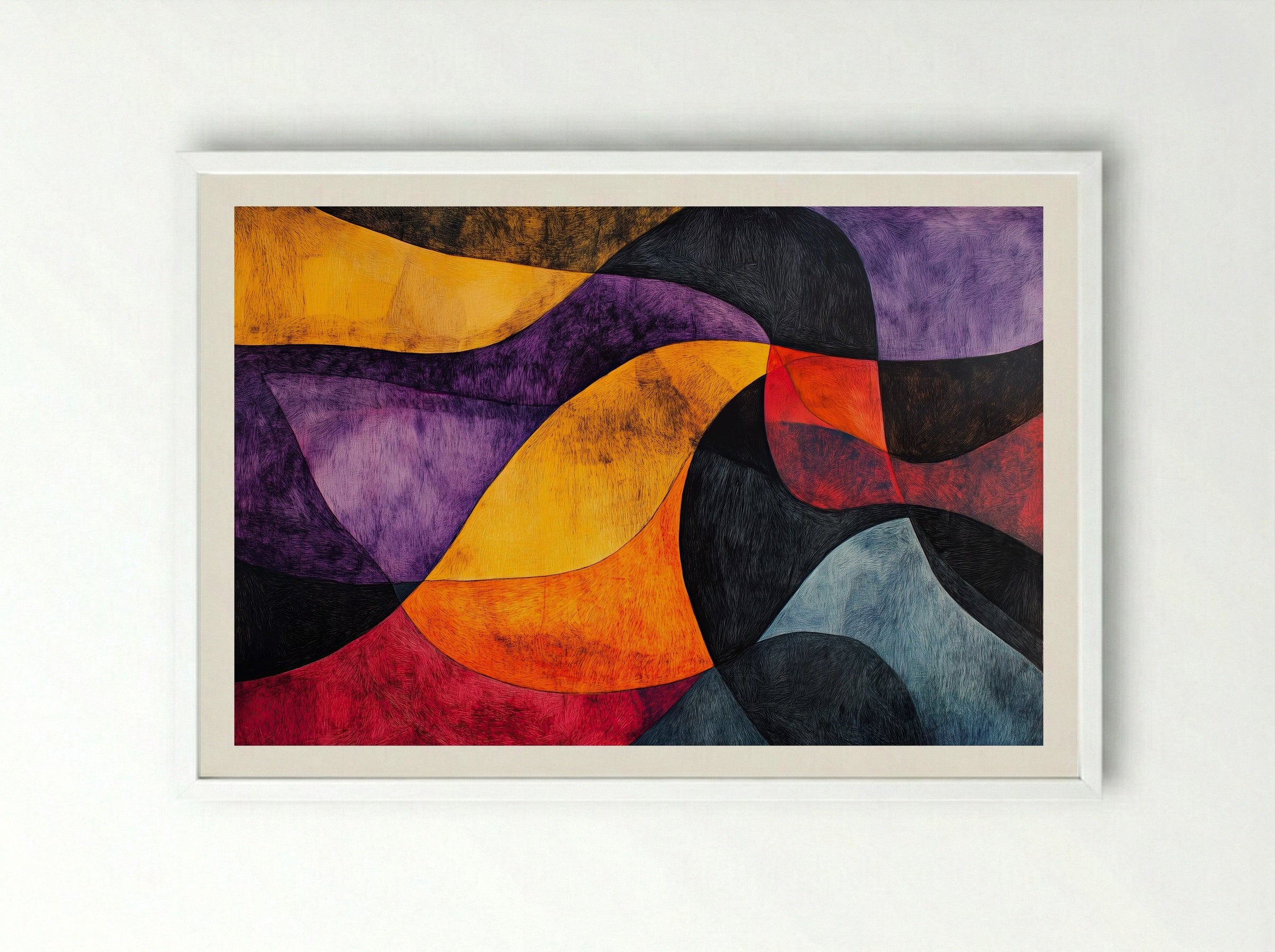 Molten Rhythm – Bold Abstract Waves in Crimson, Violet and Gold - Framed Print White