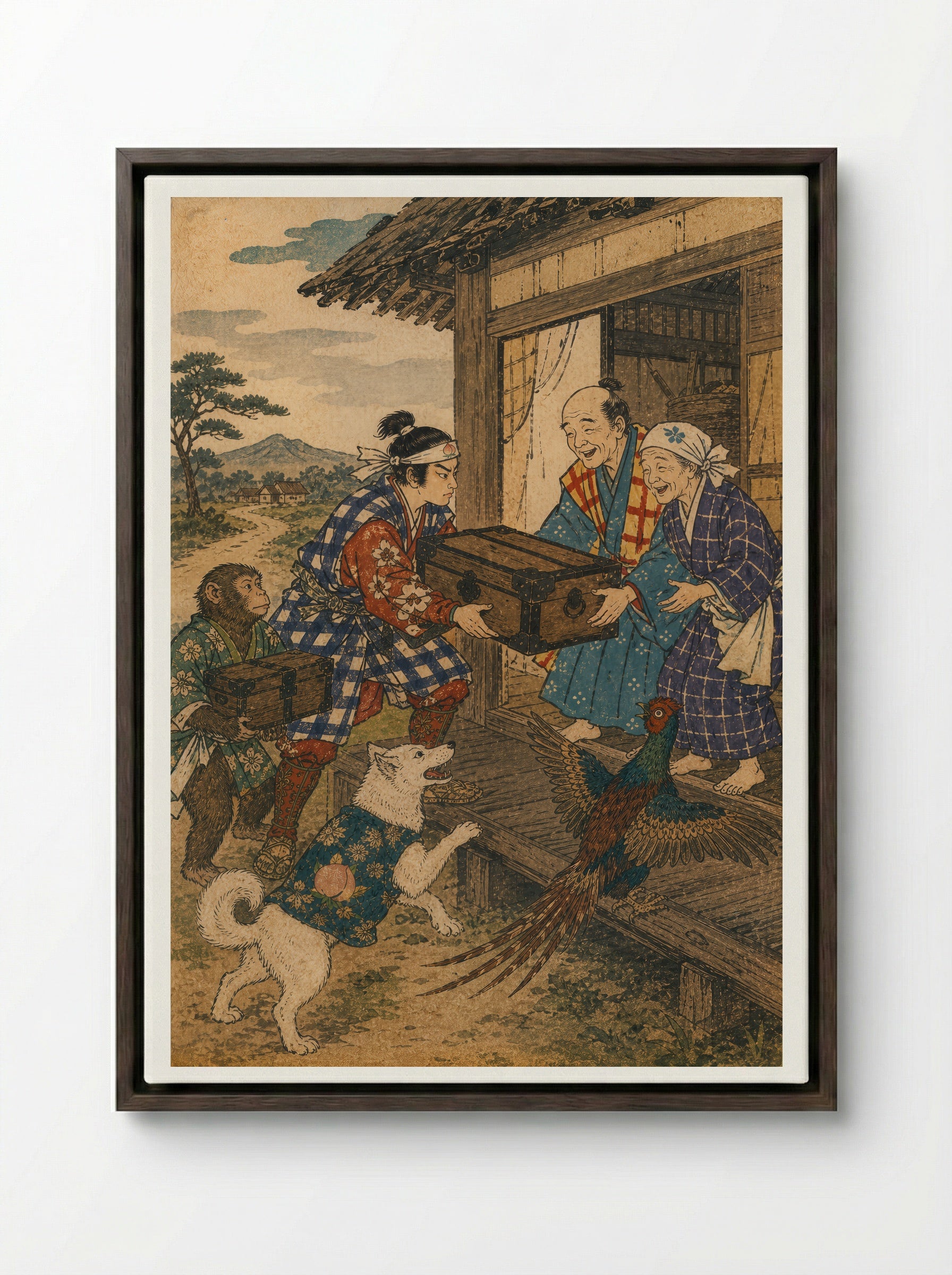 Momotaro and Oni Island: The Treasures Come Home - Framed Canvas Dark Wood