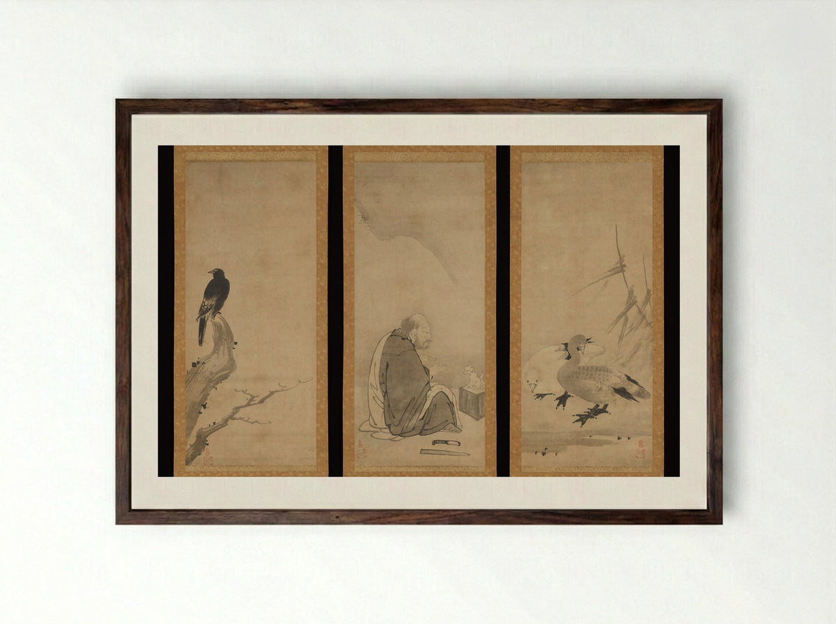 Monk Zhaozhou and Dog, with Geese and Mynah - Unkoku Tōeki - Framed Print Dark Wood