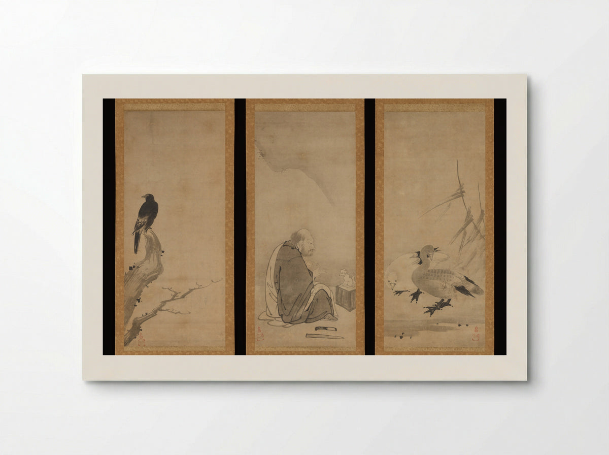 Monk Zhaozhou and Dog, with Geese and Mynah - Unkoku Tōeki - Poster