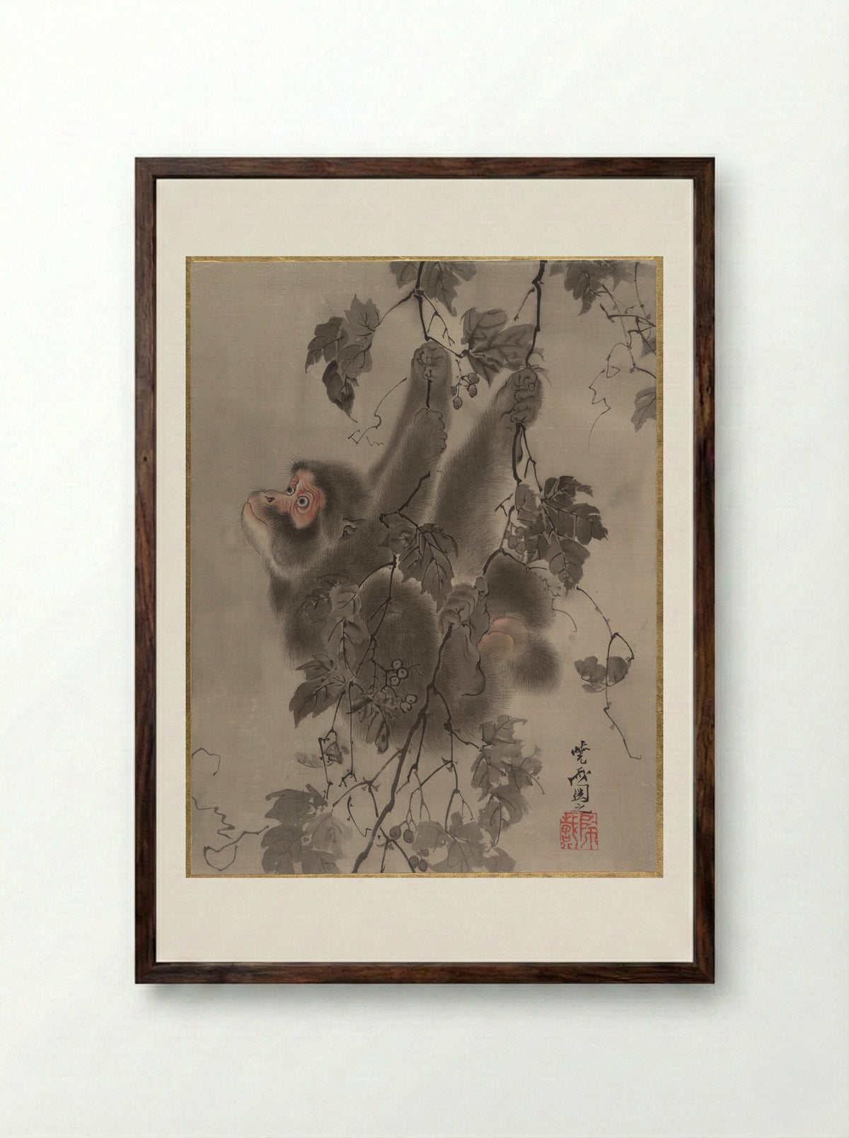Monkey Hanging from Grapevines - Kawanabe Kyōsai - Framed Print Dark Wood