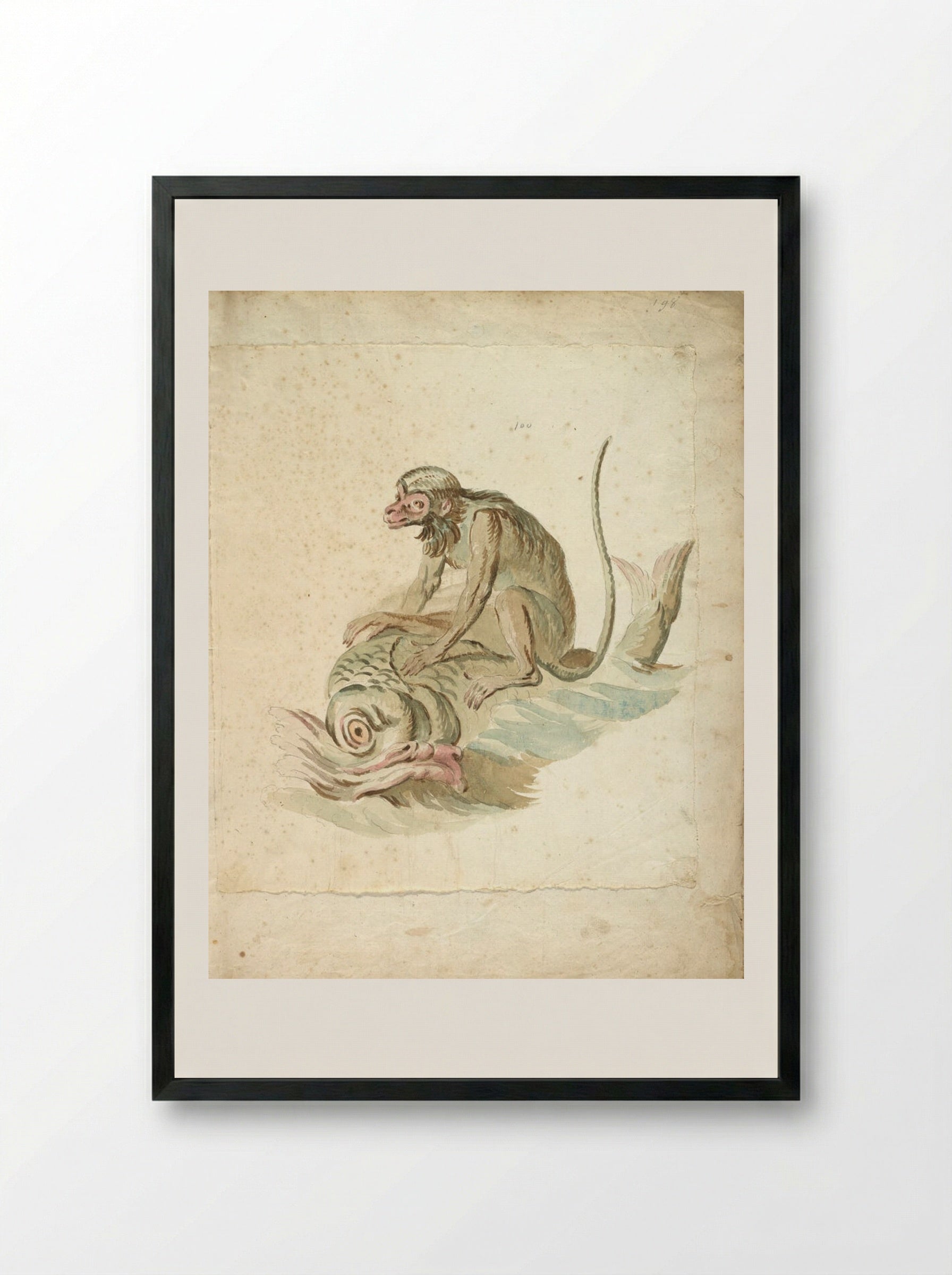 Monkey Riding a Dolphin - Jean-Baptiste Oudry - Framed Print Black