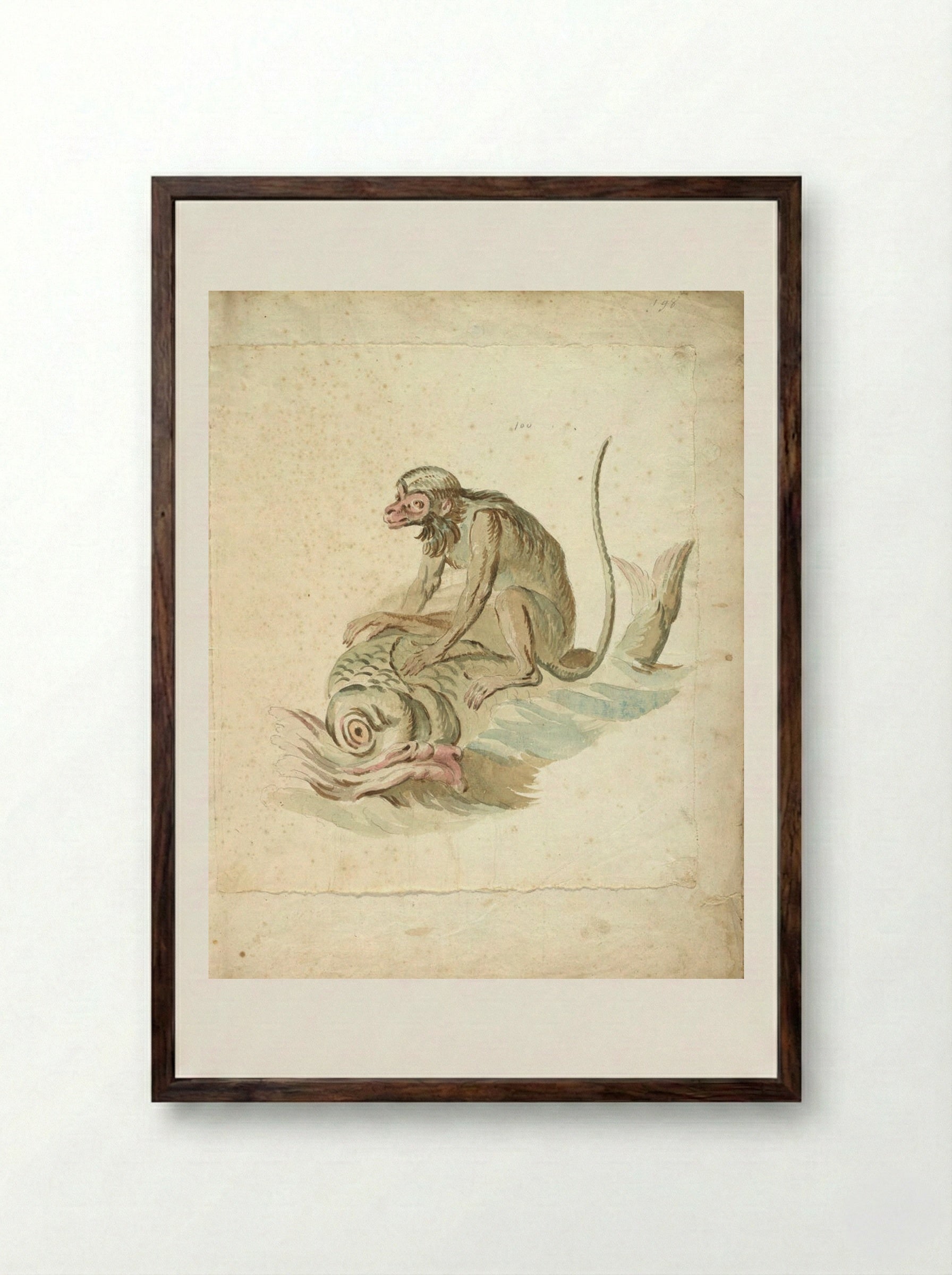 Monkey Riding a Dolphin - Jean-Baptiste Oudry - Framed Print Dark Wood