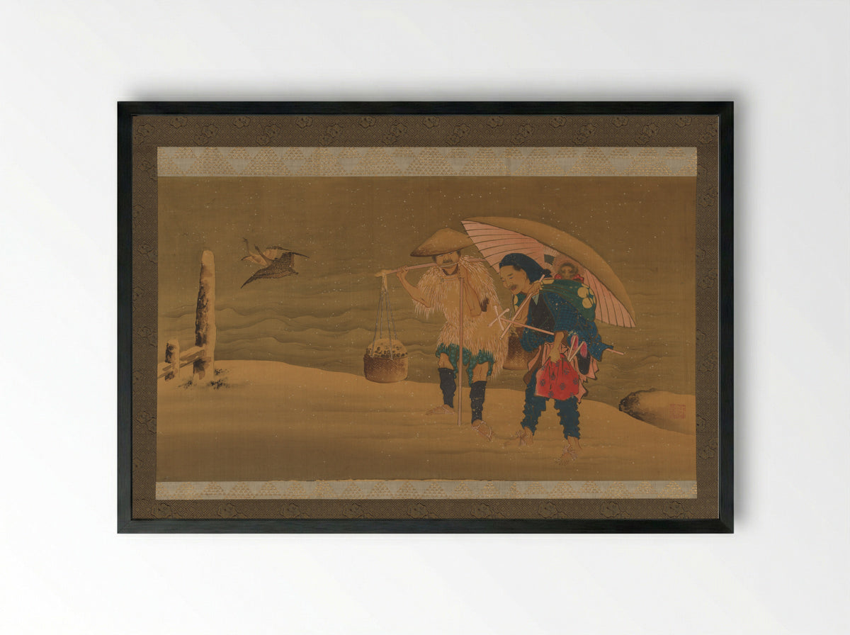 Monkey Showman and Porter in the Snow - Teisai Hokuga - Framed Print Black
