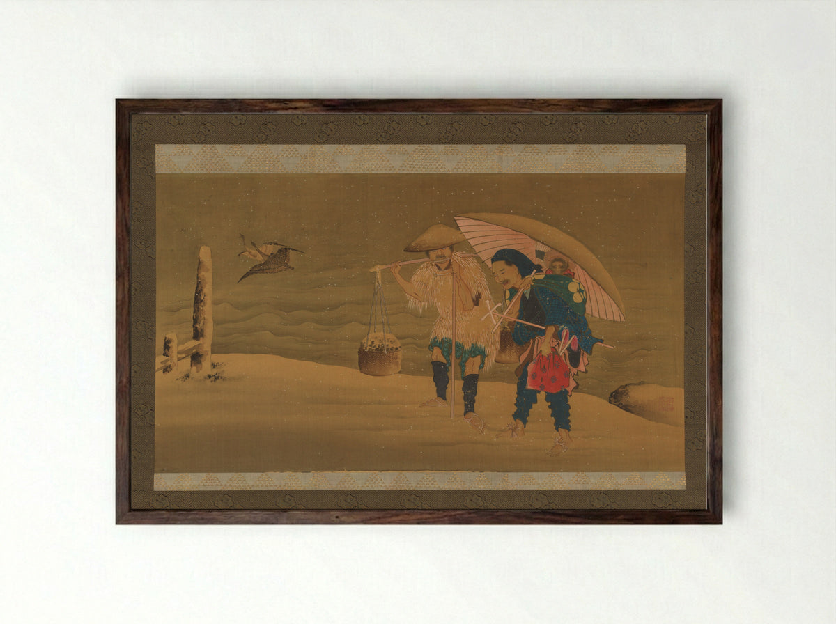 Monkey Showman and Porter in the Snow - Teisai Hokuga - Framed Print Dark Wood