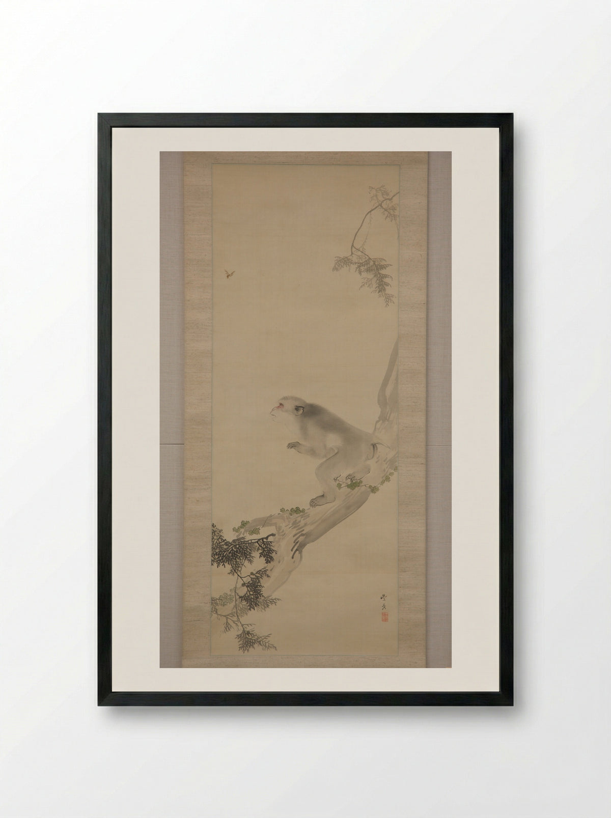 Monkey and Bee - Okamoto Toyohiko - Framed Print Black