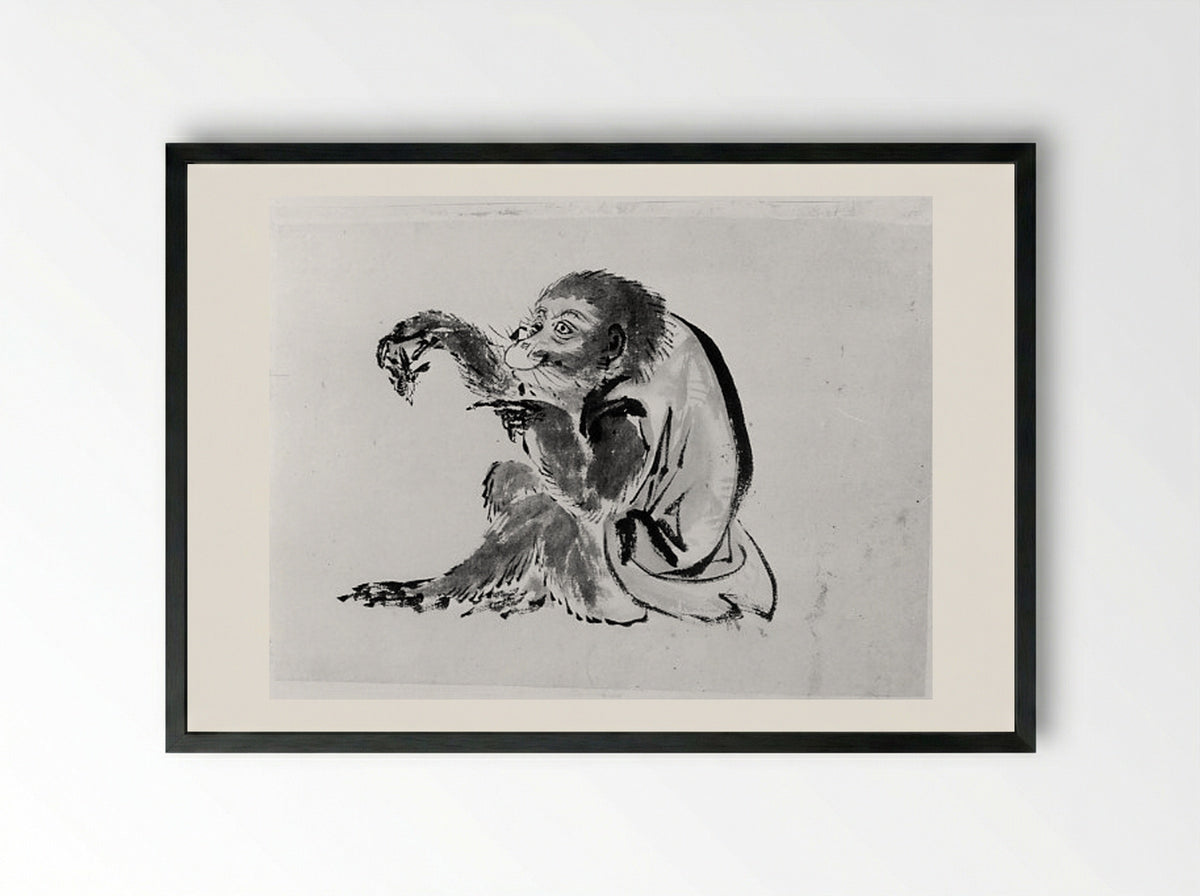 Monkey and Bee - Hokusai School - Framed Print Black