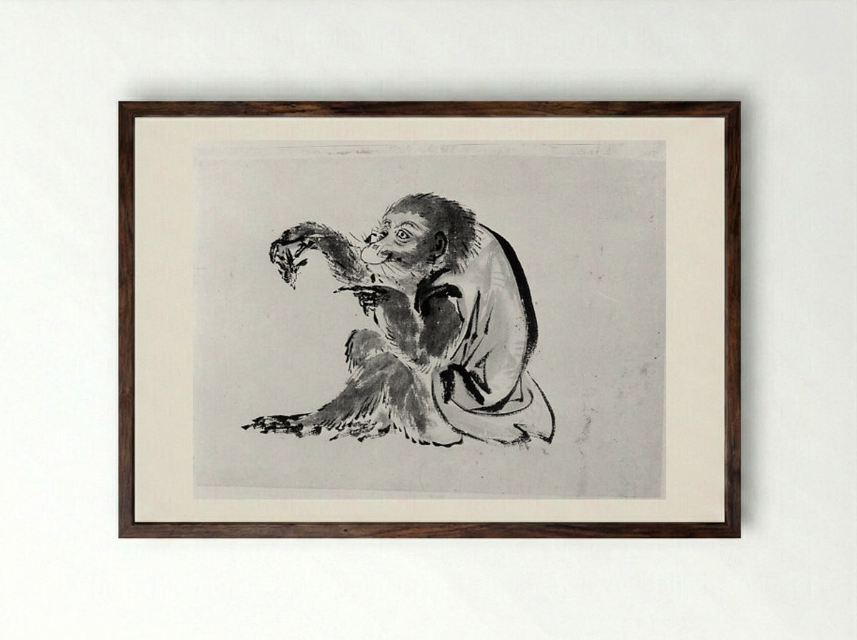 Monkey and Bee - Hokusai School - Framed Print Dark Wood