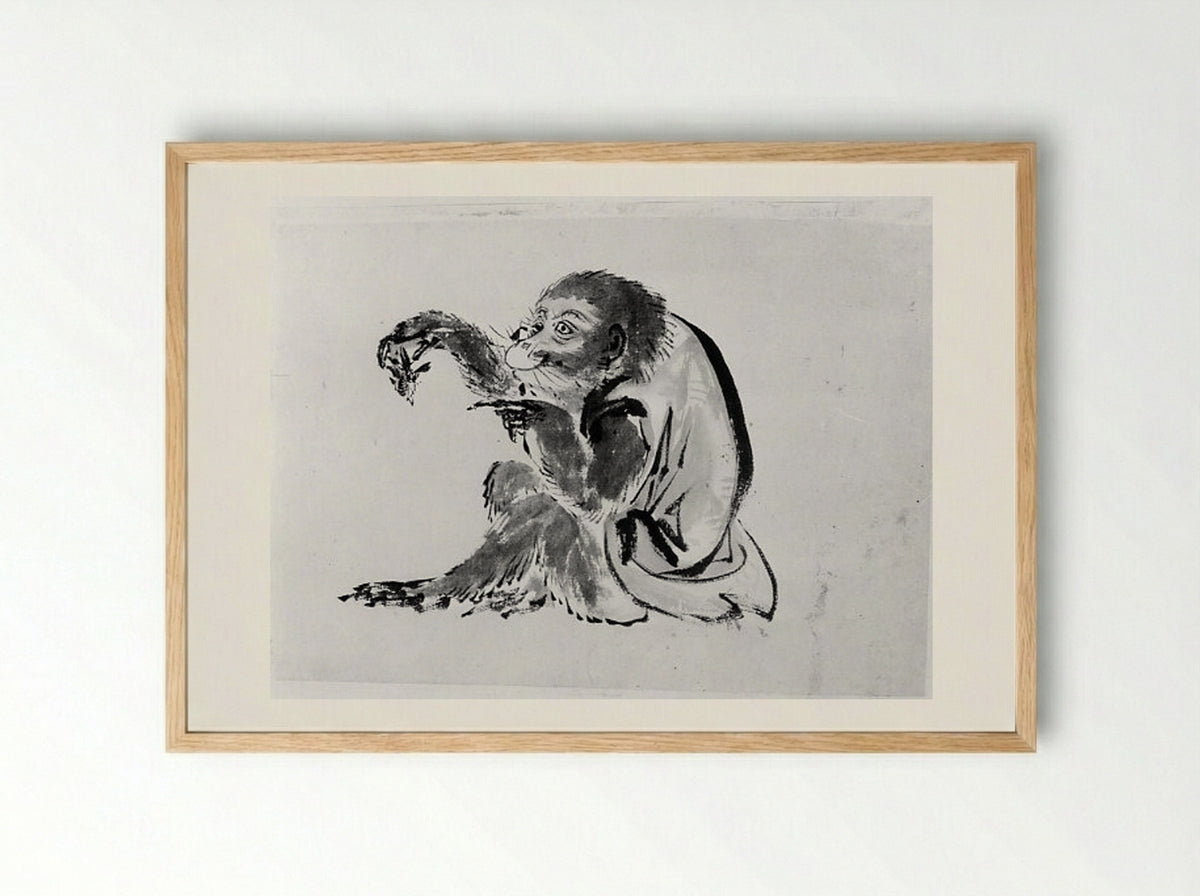 Monkey and Bee - Hokusai School - Framed Print Wood