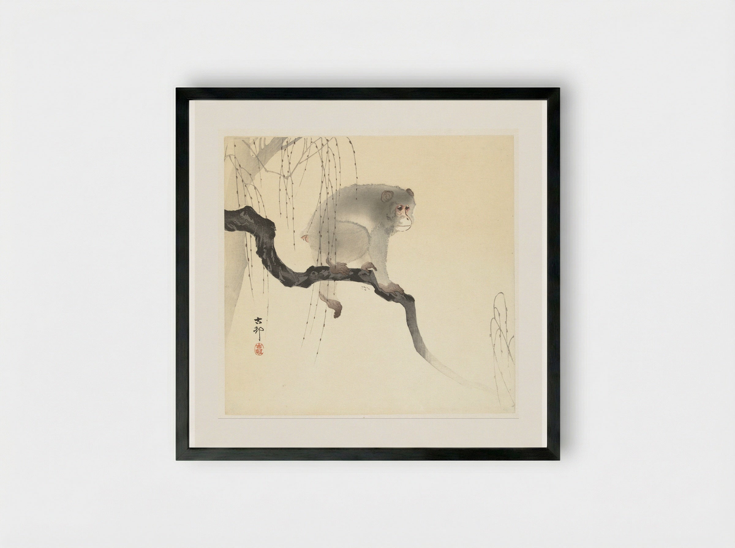 Monkey on a Willow Branch - Matsuki Heikichi - Framed Print Black