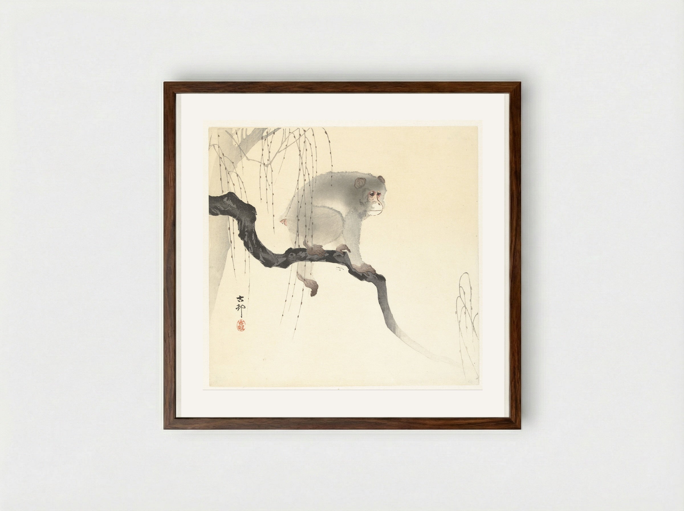 Monkey on a Willow Branch - Matsuki Heikichi - Framed Print Dark Wood