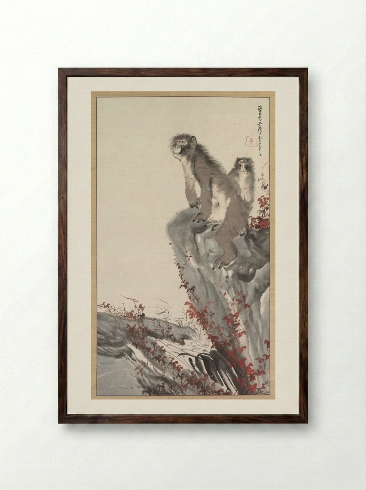 Monkeys by a Stream - Nagasawa Rosetsu - Framed Print Dark Wood