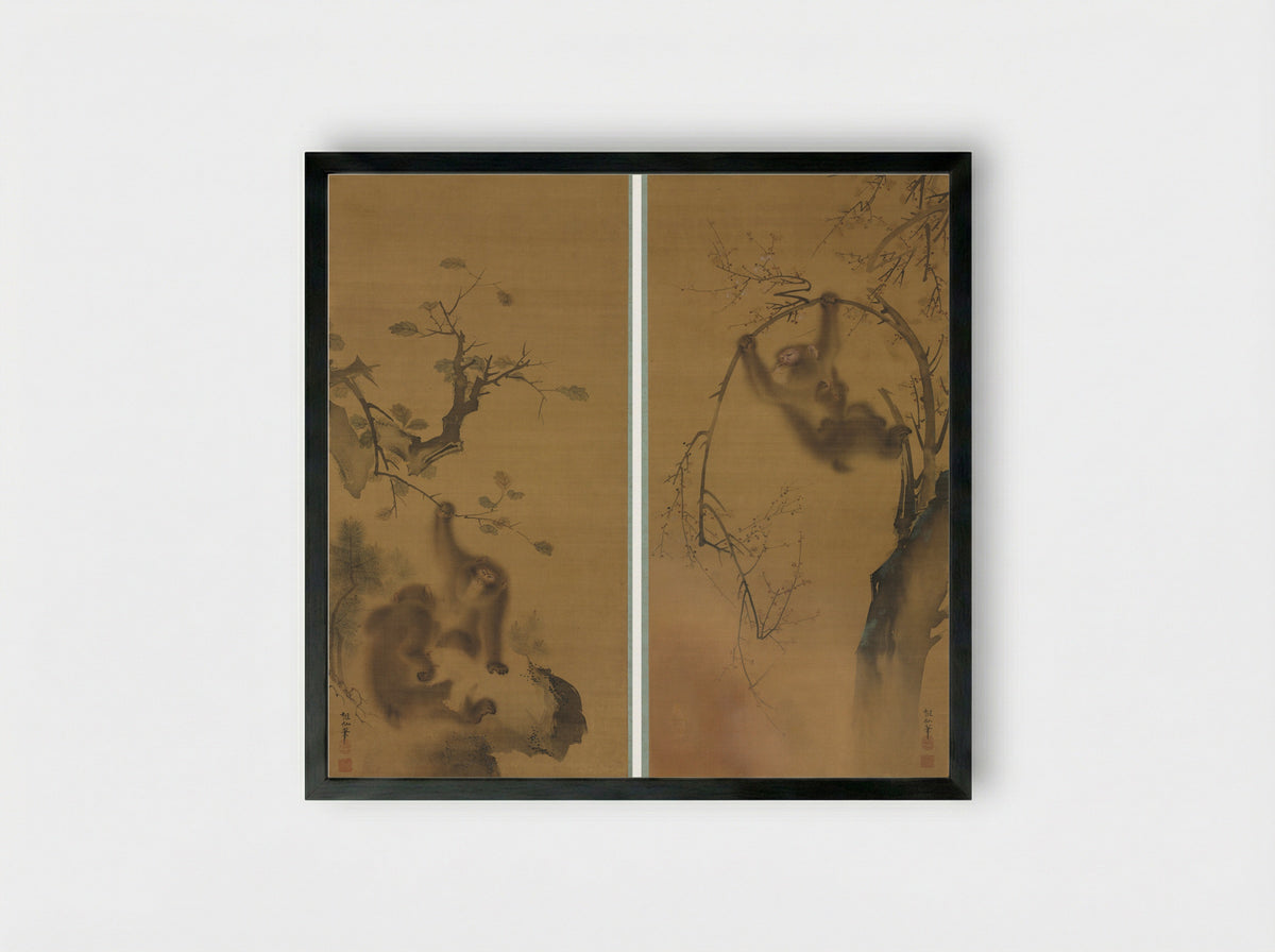 Monkeys in a Cherry Tree; Monkeys on a Rock Ledge - Mori Sosen - Framed Print Black