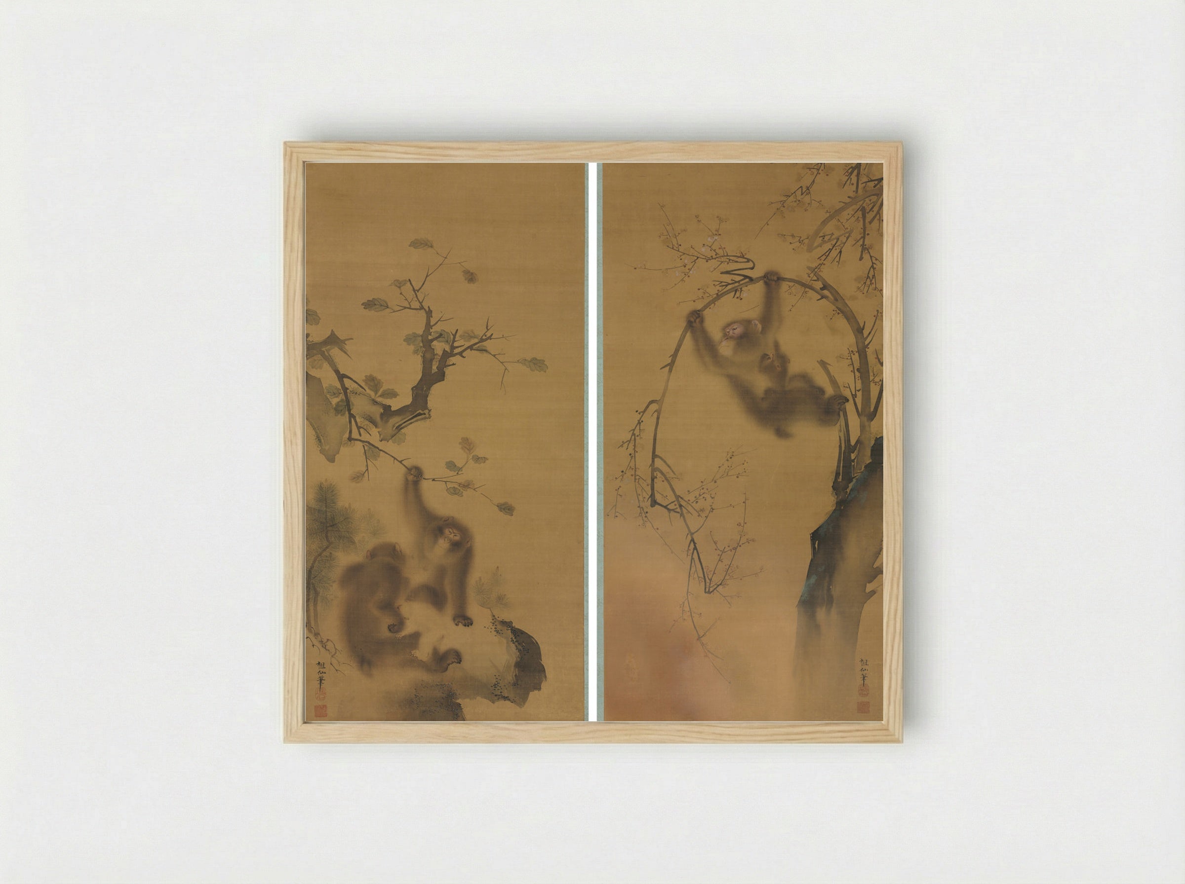 Monkeys in a Cherry Tree; Monkeys on a Rock Ledge - Mori Sosen - Framed Print Wood