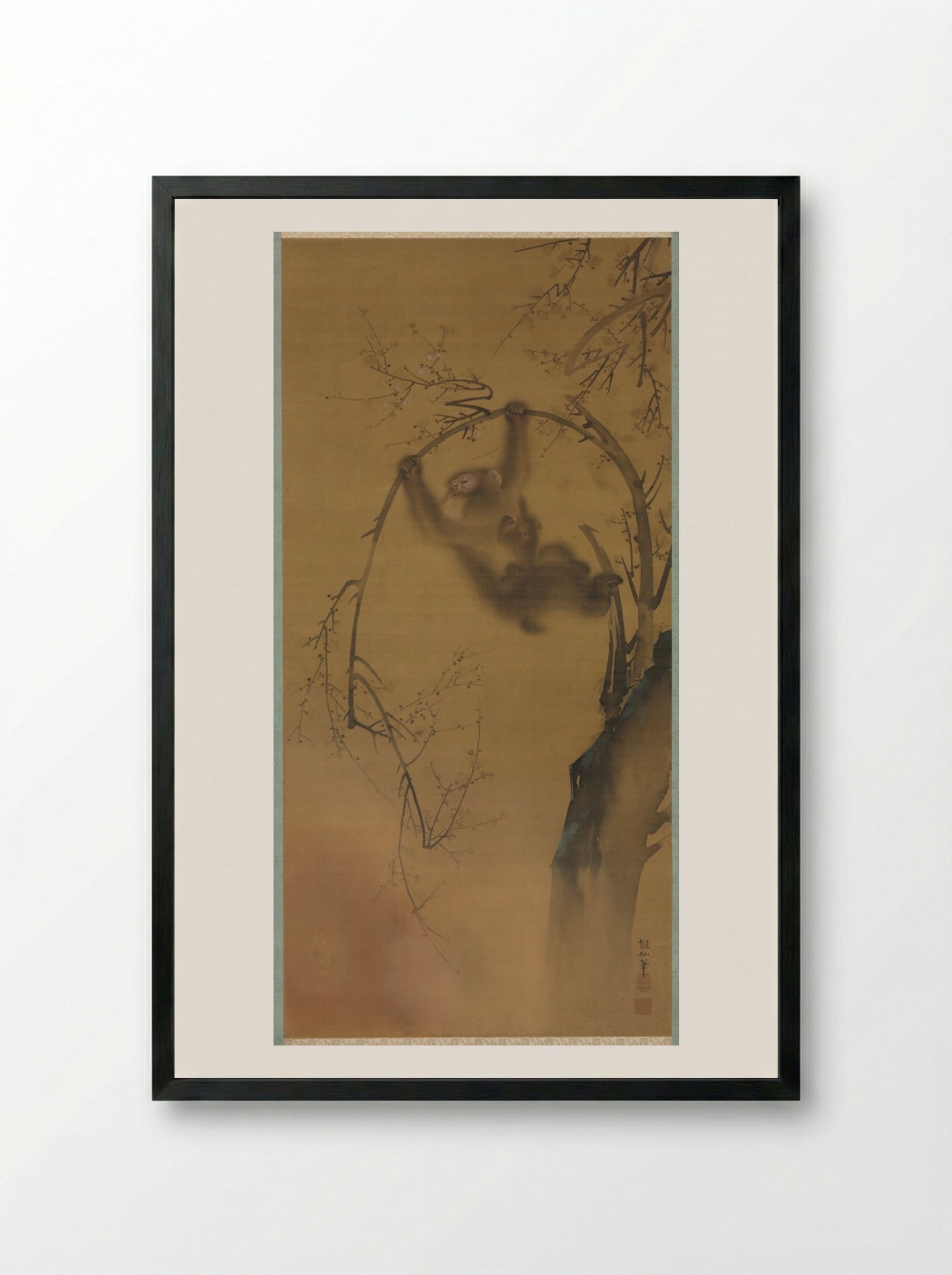 Monkeys in a Cherry Tree - Mori Sosen - Framed Print Black