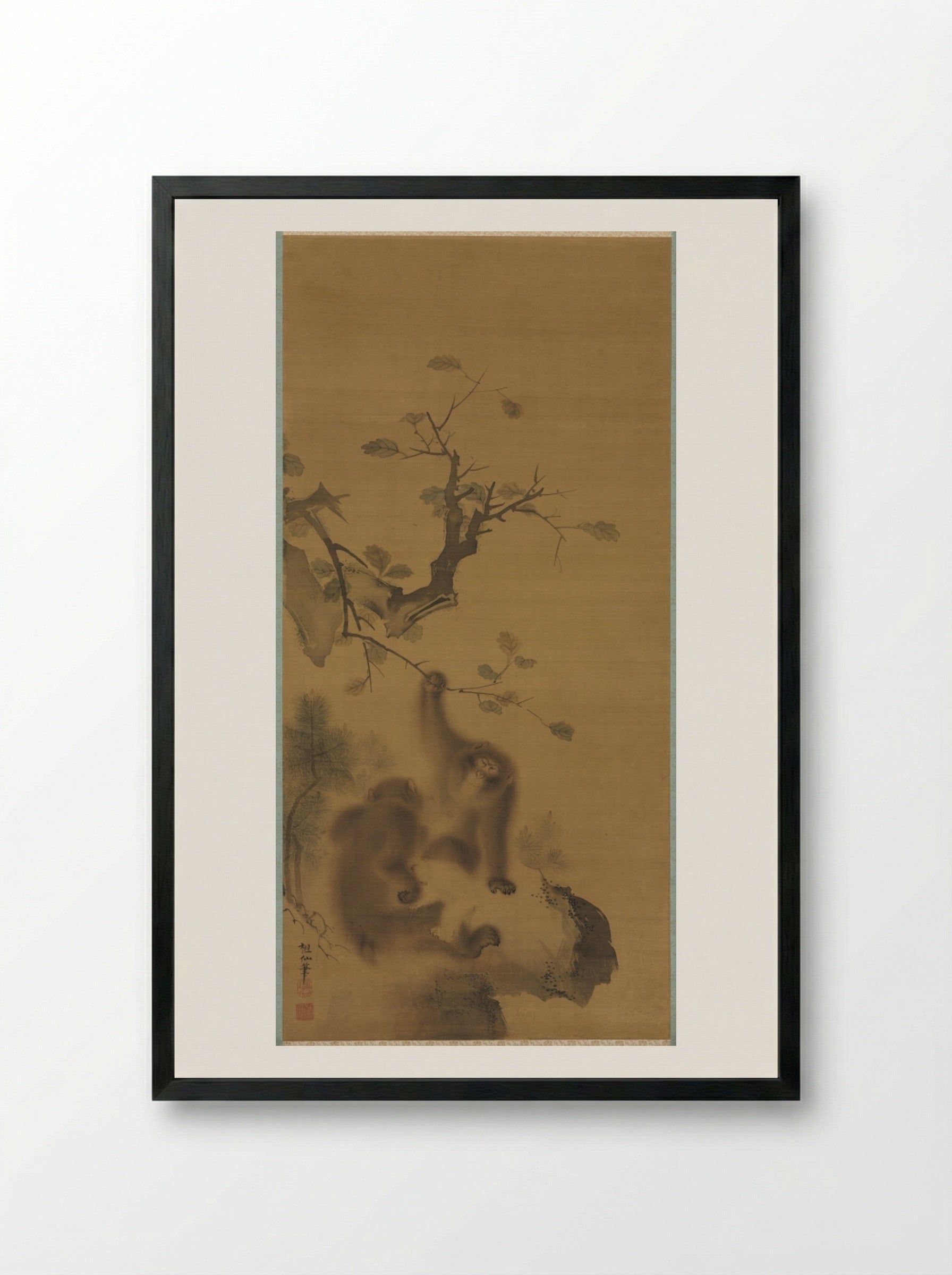 Monkeys on a Rock Ledge - Mori Sosen - Framed Print Black