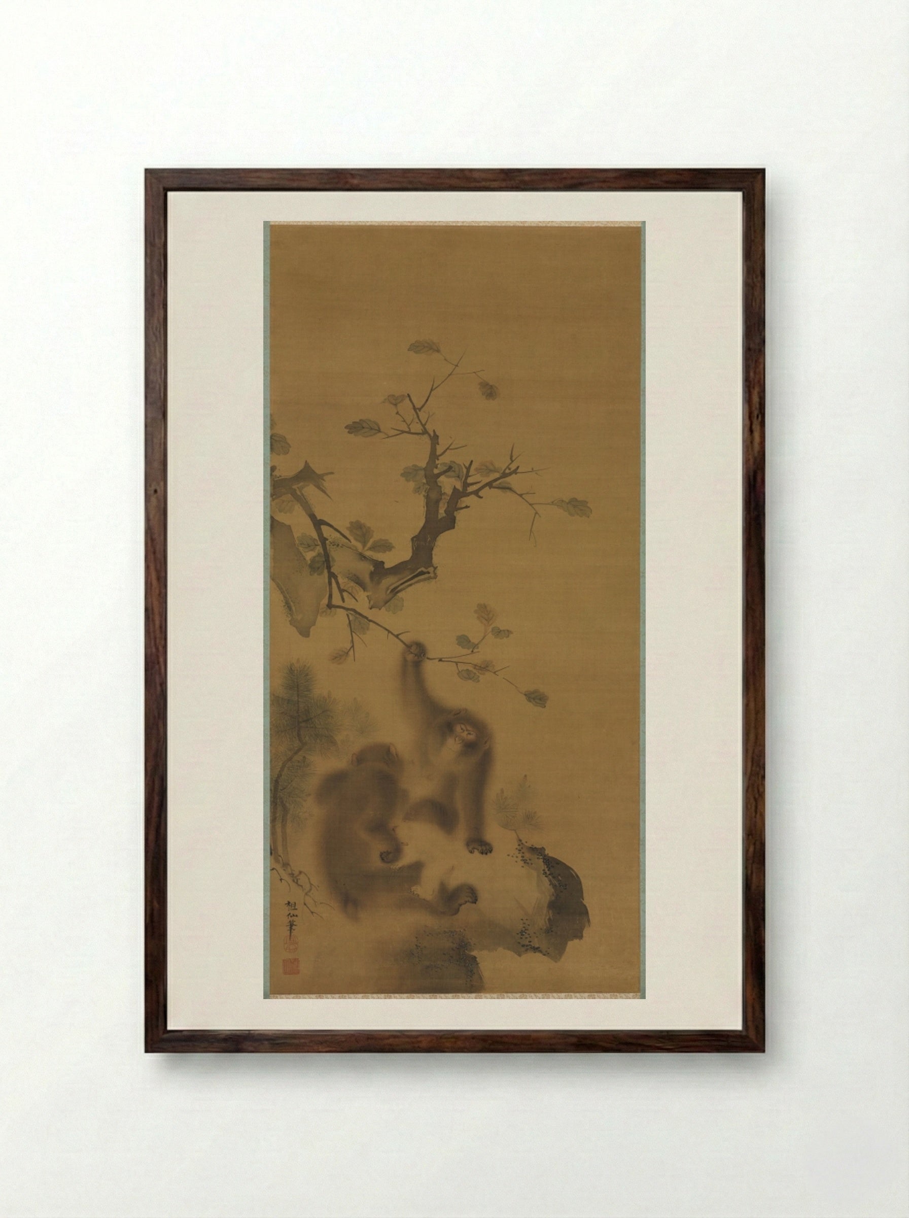 Monkeys on a Rock Ledge - Mori Sosen - Framed Print Dark Wood