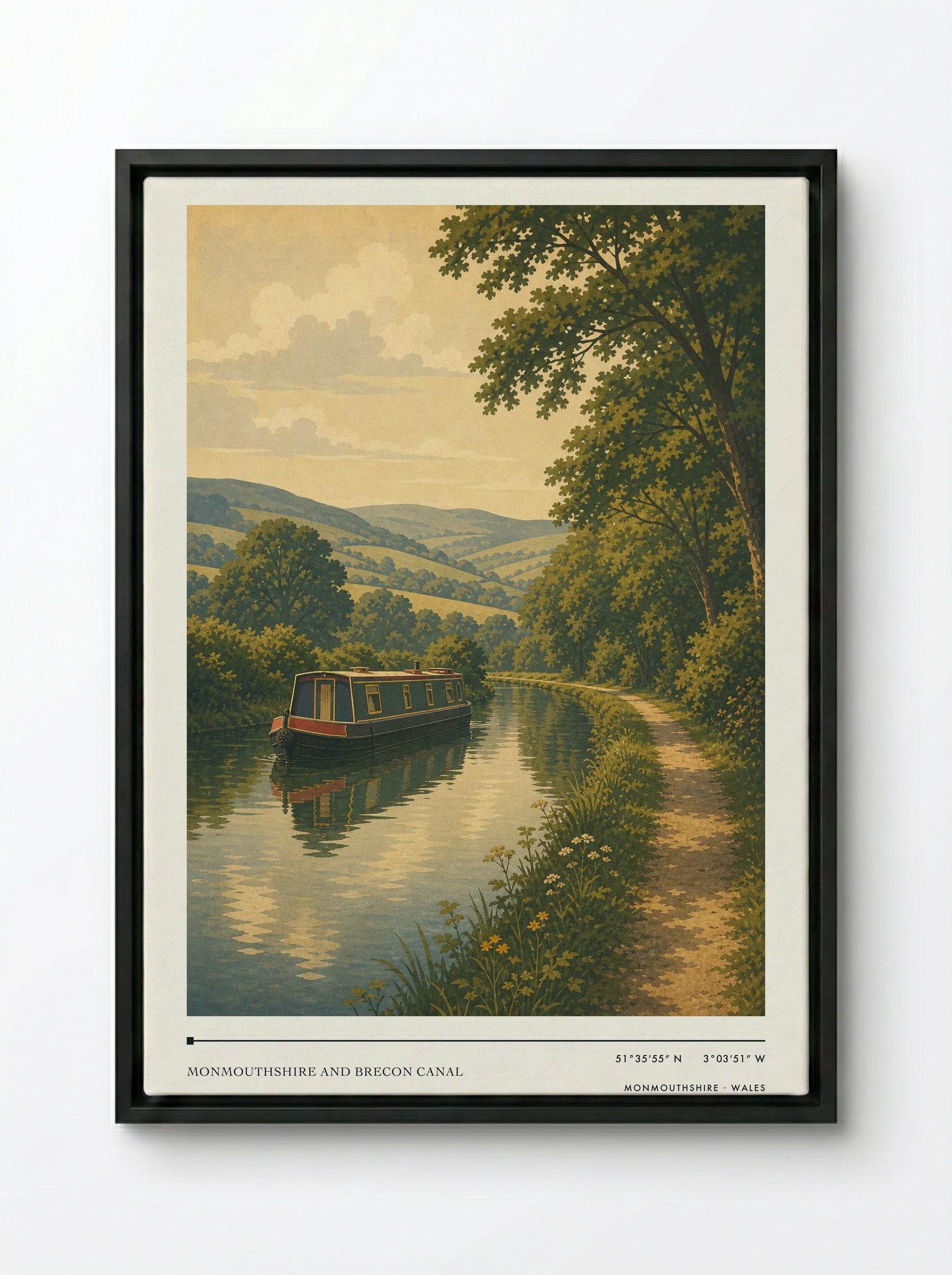 Monmouthshire and Brecon Canal Wales Travel Poster - Framed Canvas Black