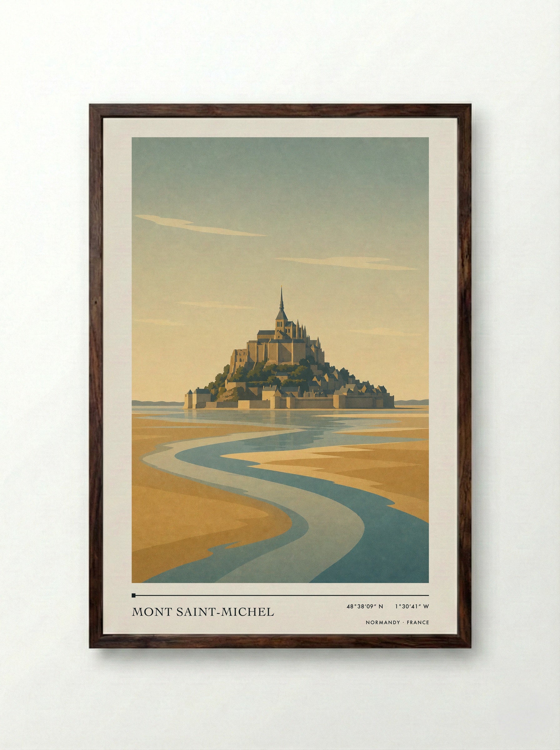 Mont Saint-Michel Travel Poster Artwork - Framed Print Dark Wood