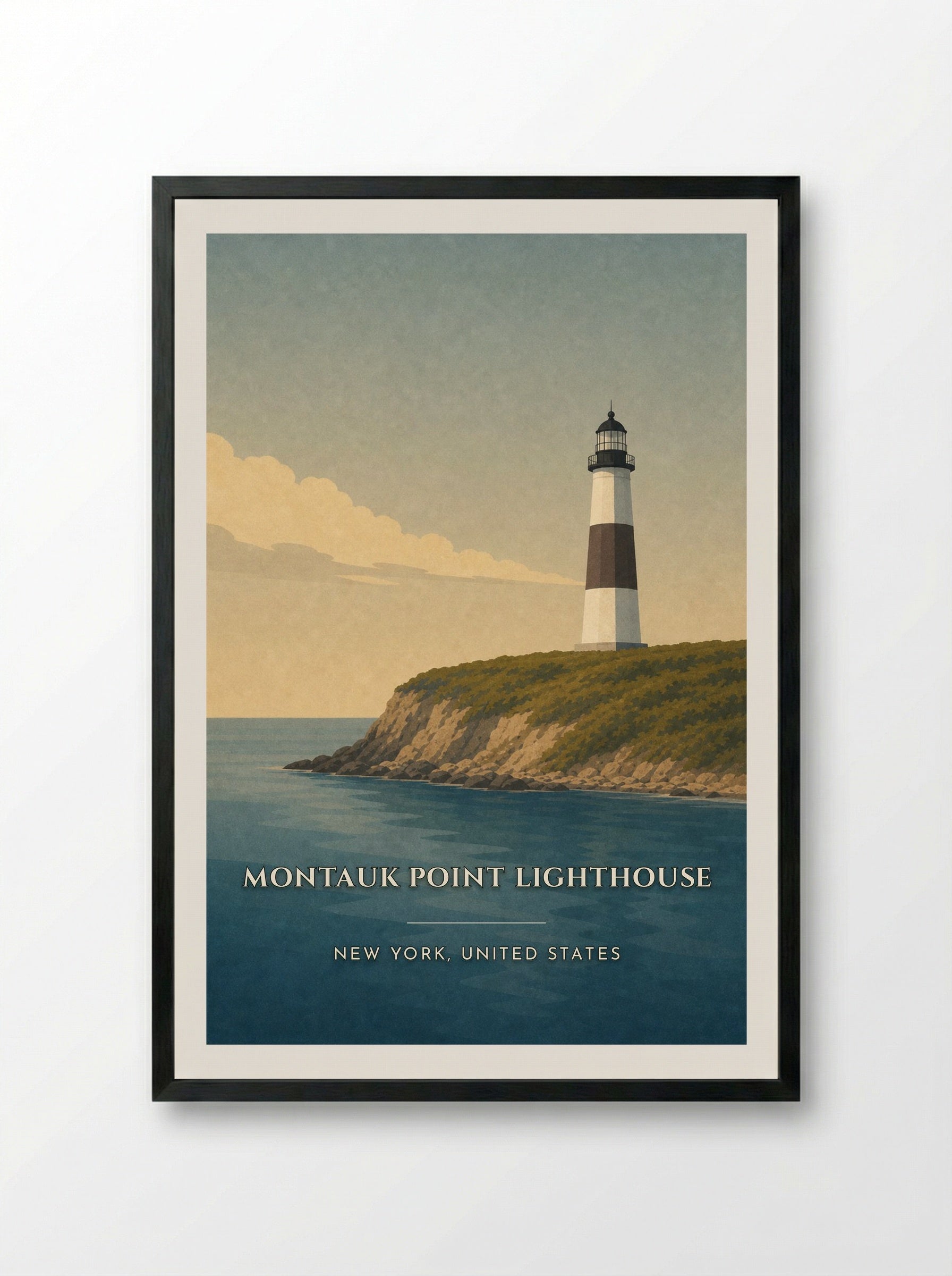 Montauk Point Lighthouse Travel Poster Artwork - Framed Print Black