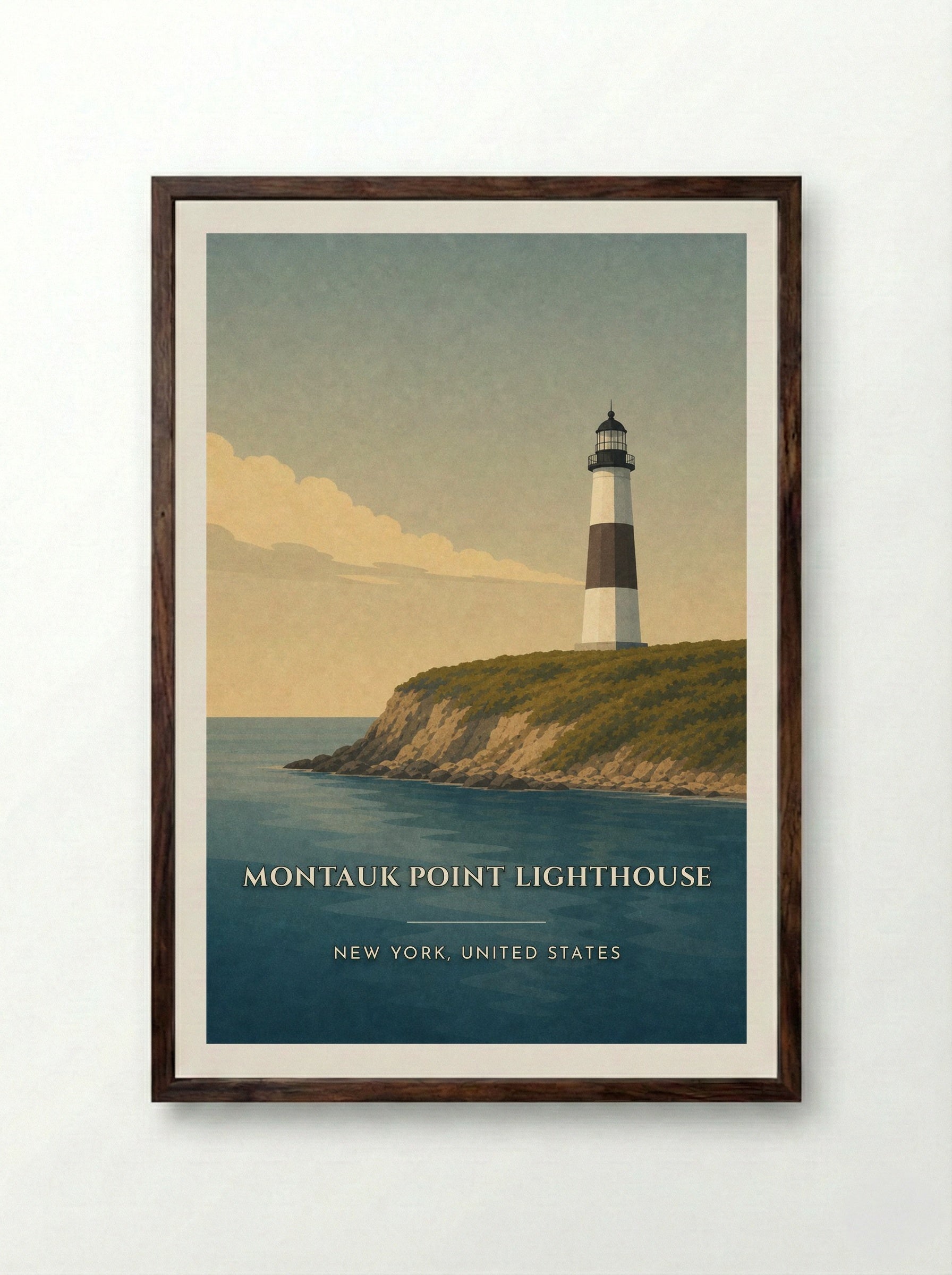 Montauk Point Lighthouse Travel Poster Artwork - Framed Print Dark Wood