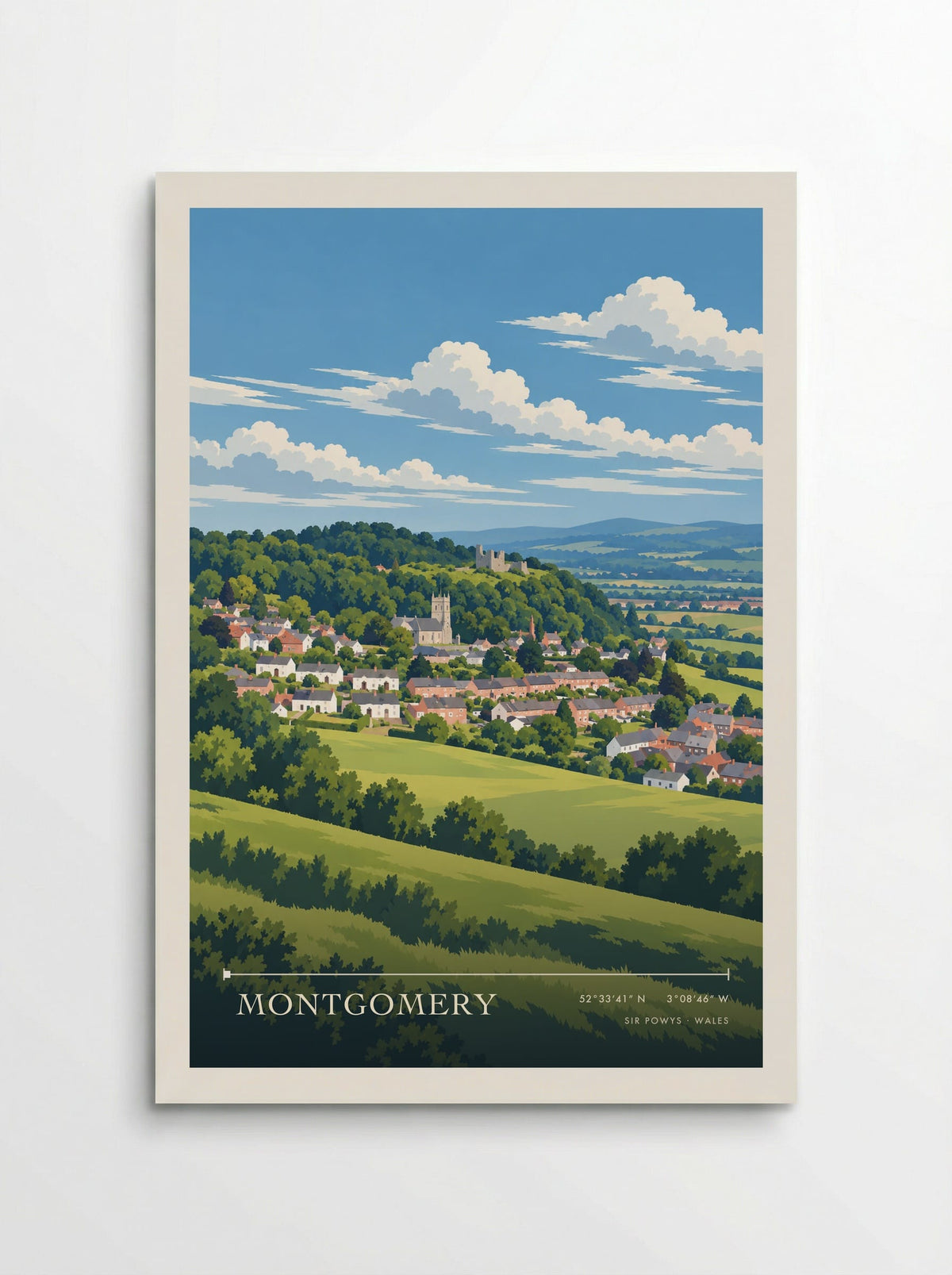 Montgomery, Sir Powys travel poster: white houses, a church tower and green border-country fields in clear summer sunlight