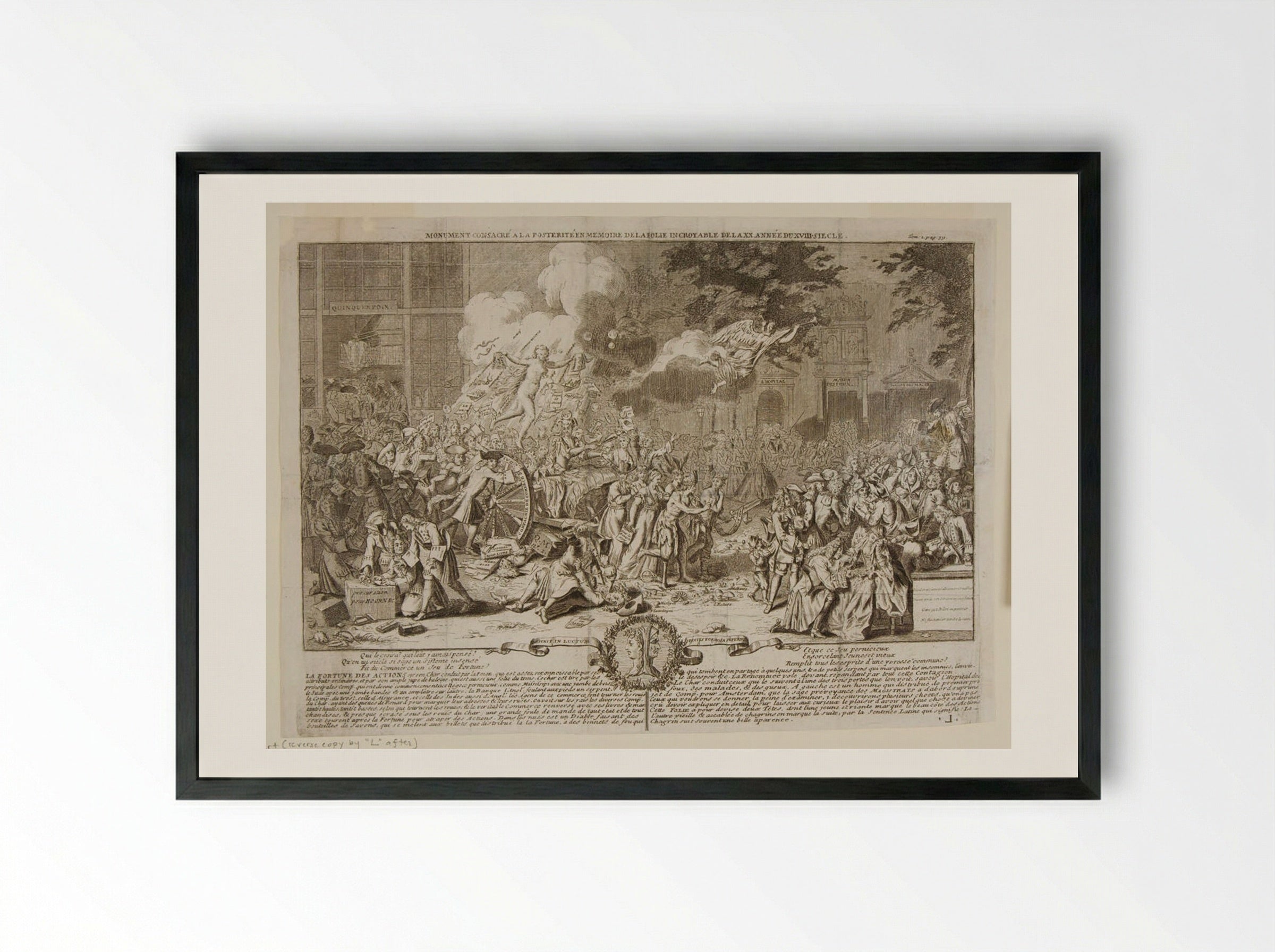 Monument Dedicated to Posterity in Memory of the Incredible Folly of 1720 - Bernard Picart - Framed Print Black