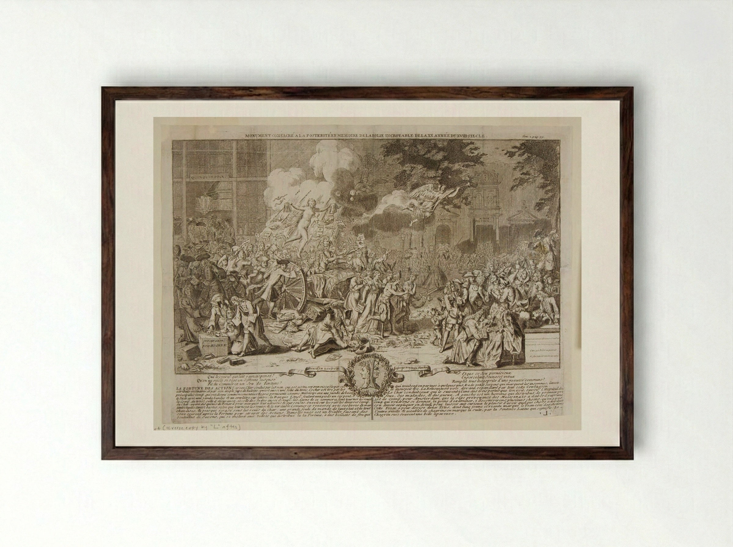 Monument Dedicated to Posterity in Memory of the Incredible Folly of 1720 - Bernard Picart - Framed Print Dark Wood
