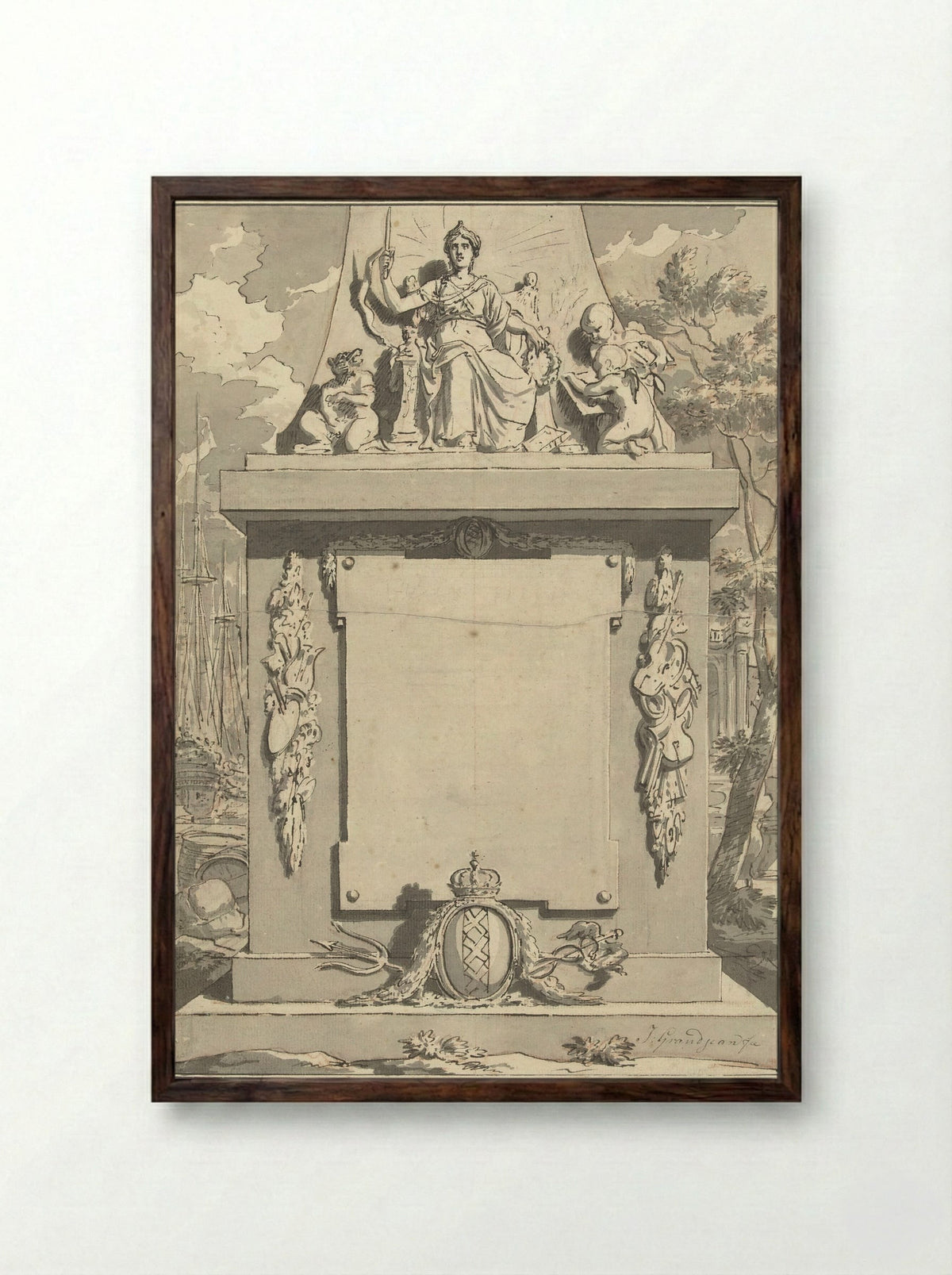 Monument with Attributes of Amsterdam, Commerce and the Arts - Jean Grandjean - Framed Print Dark Wood