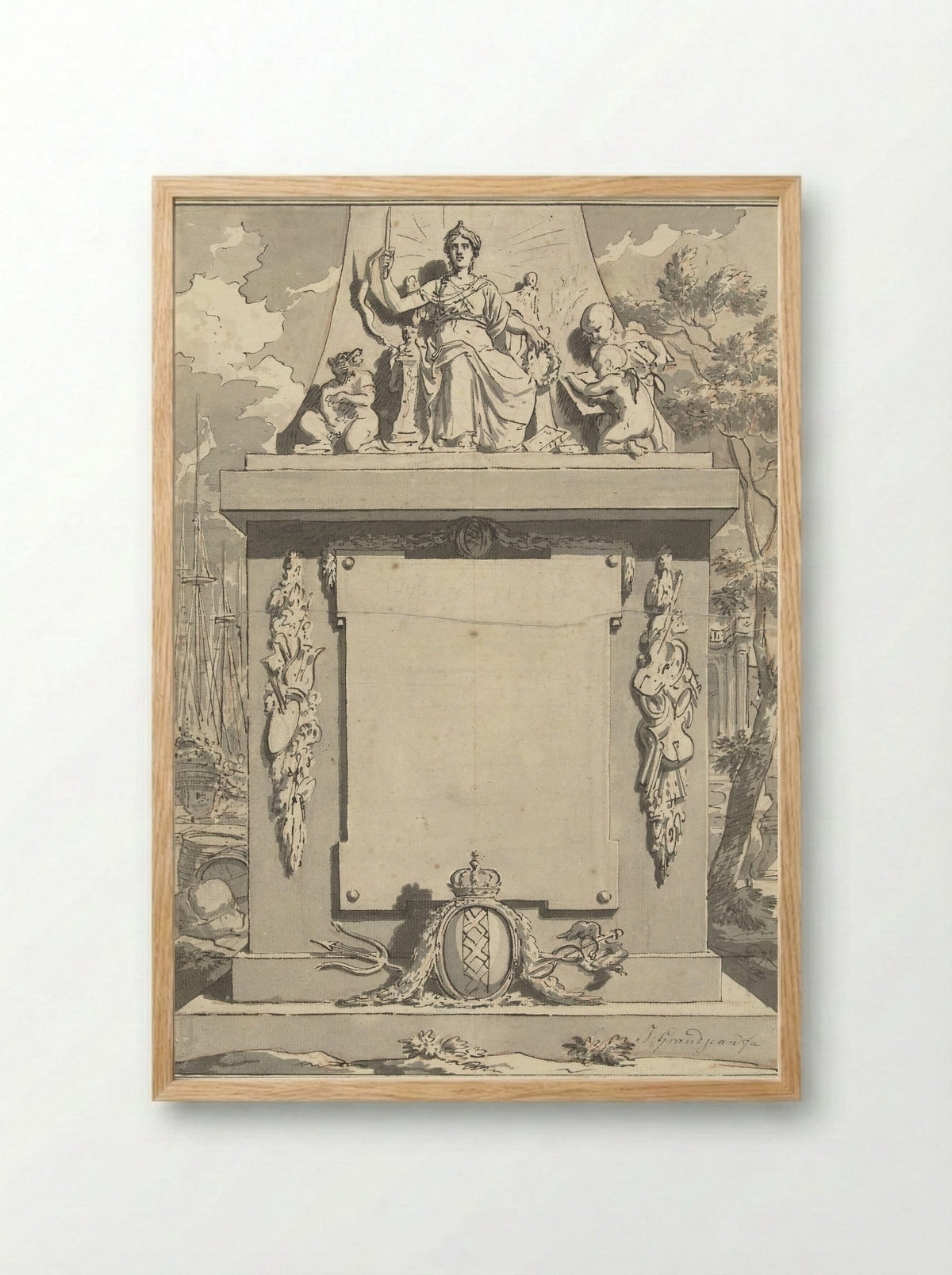 Monument with Attributes of Amsterdam, Commerce and the Arts - Jean Grandjean - Framed Print Wood