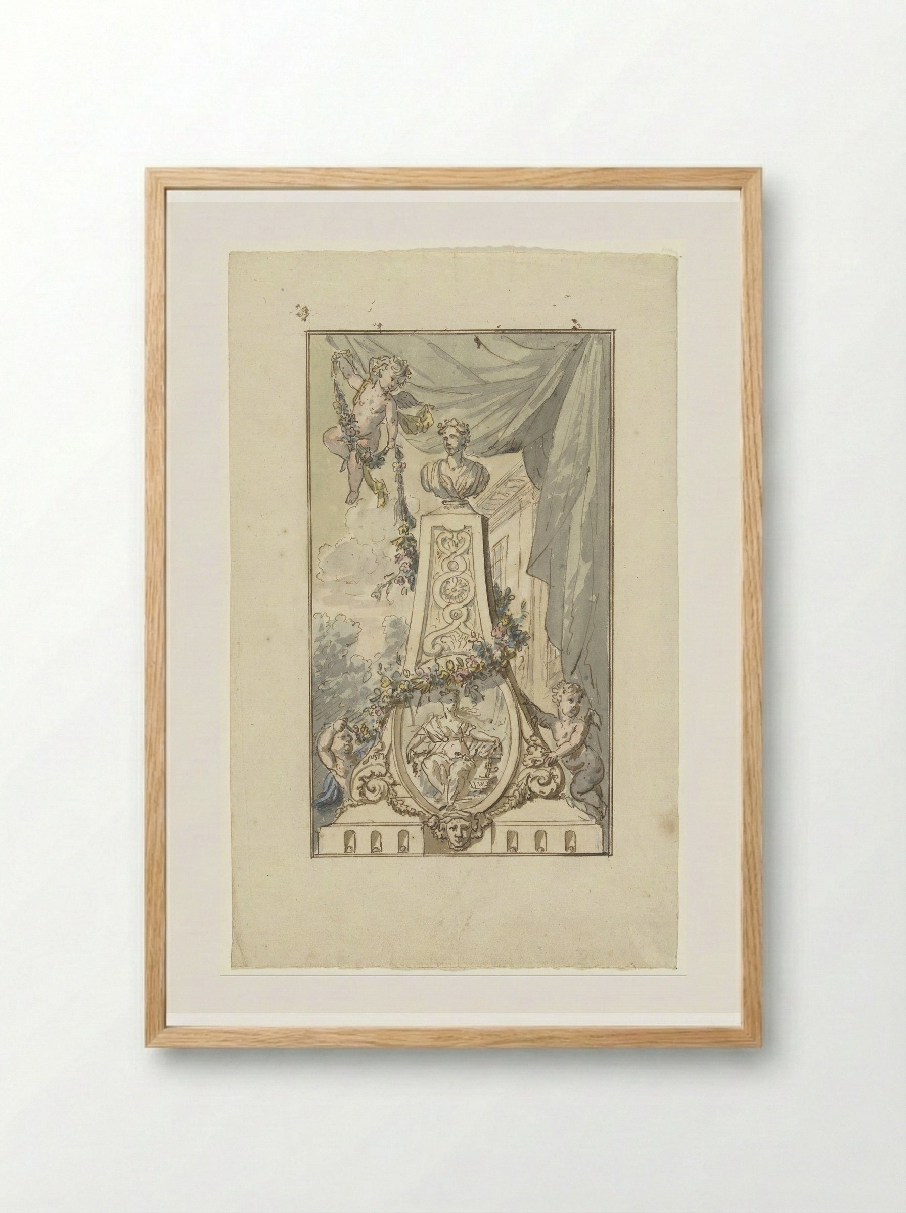 Monument with Bust and Medallion, Wreathed by Putti - Elias van Nijmegen - Framed Print Wood