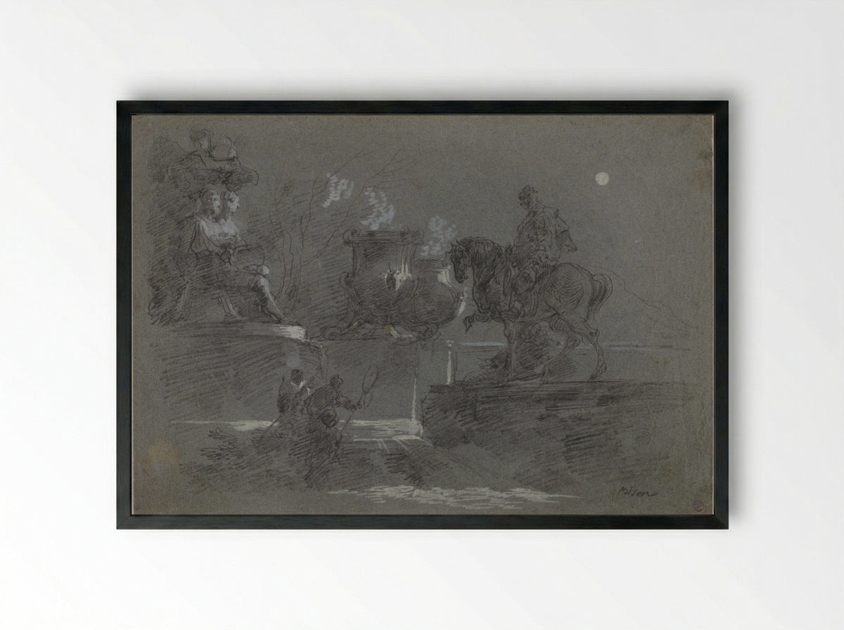Monumental Sculpture in a Moonlit Park - Giuseppe Bernardino Bison - Framed Print Black