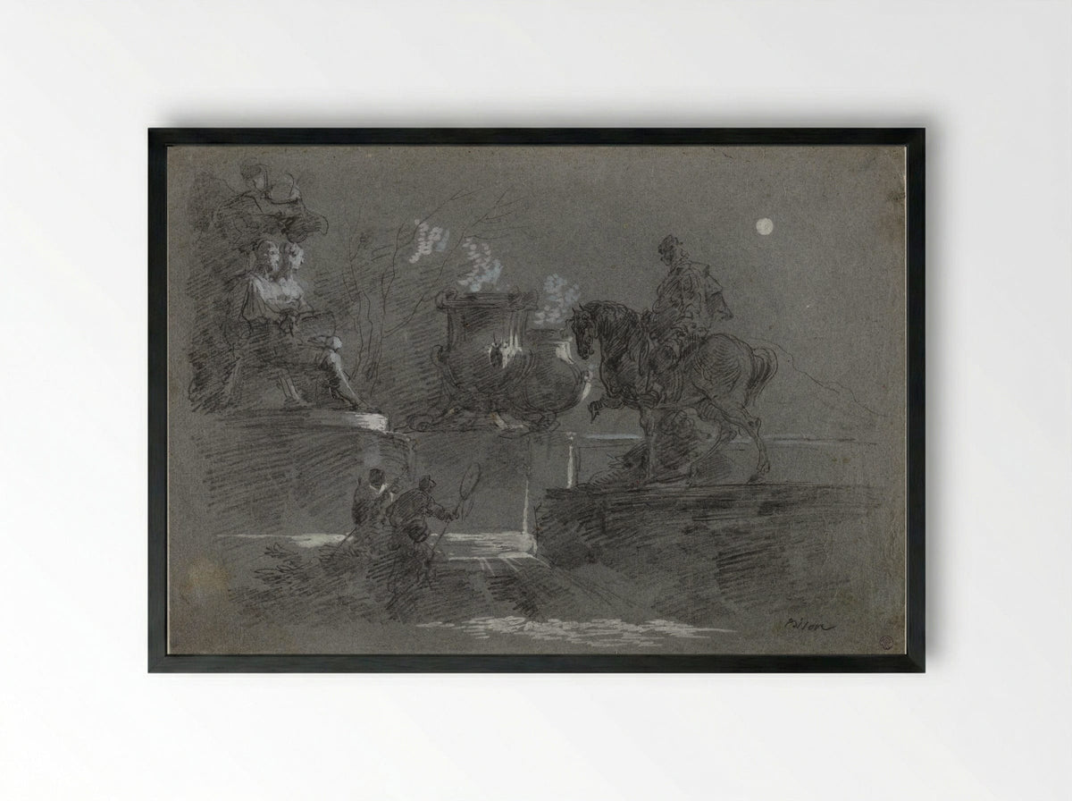 Monumental Sculpture in a Moonlit Park - Giuseppe Bernardino Bison - Framed Print Black