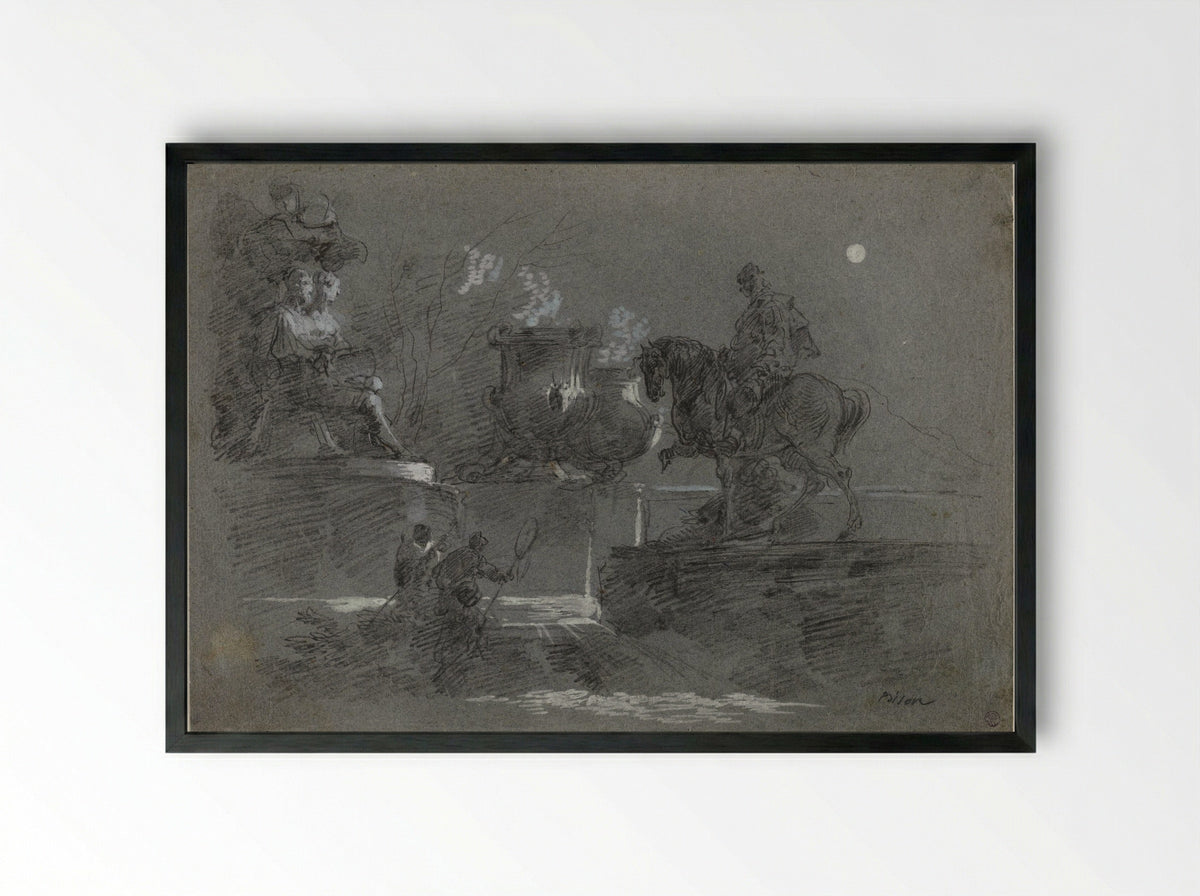 Monumental Sculpture in a Moonlit Park - Giuseppe Bernardino Bison - Framed Print Black
