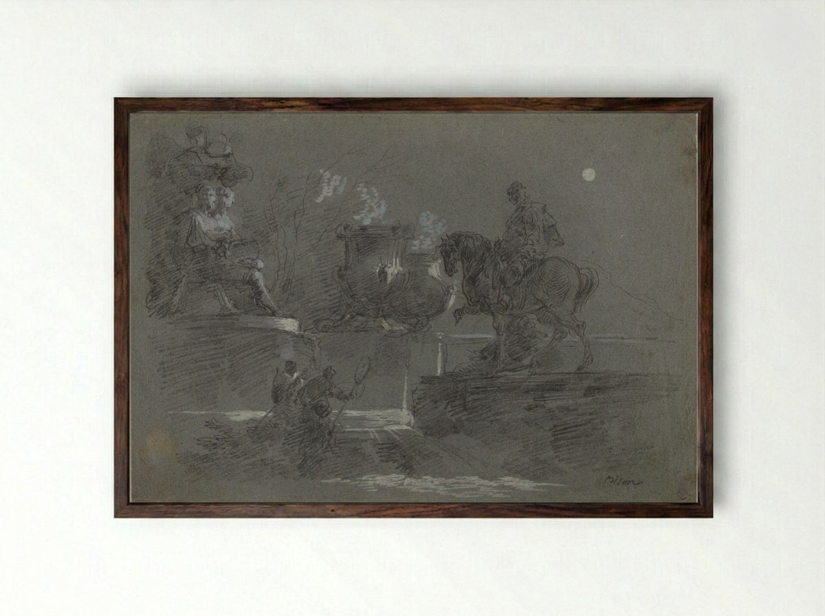 Monumental Sculpture in a Moonlit Park - Giuseppe Bernardino Bison - Framed Print Dark Wood