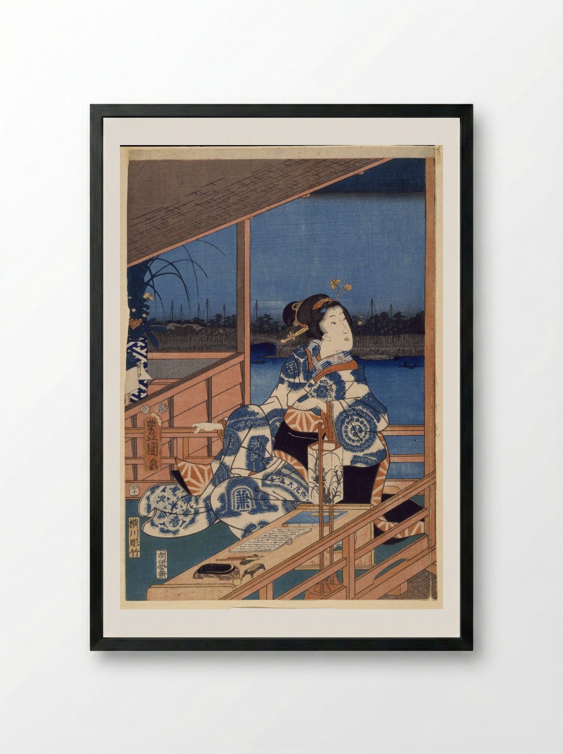 Moonlight View of Tsukuda with Lady on a Balcony - Utagawa Hiroshige - Framed Print Black