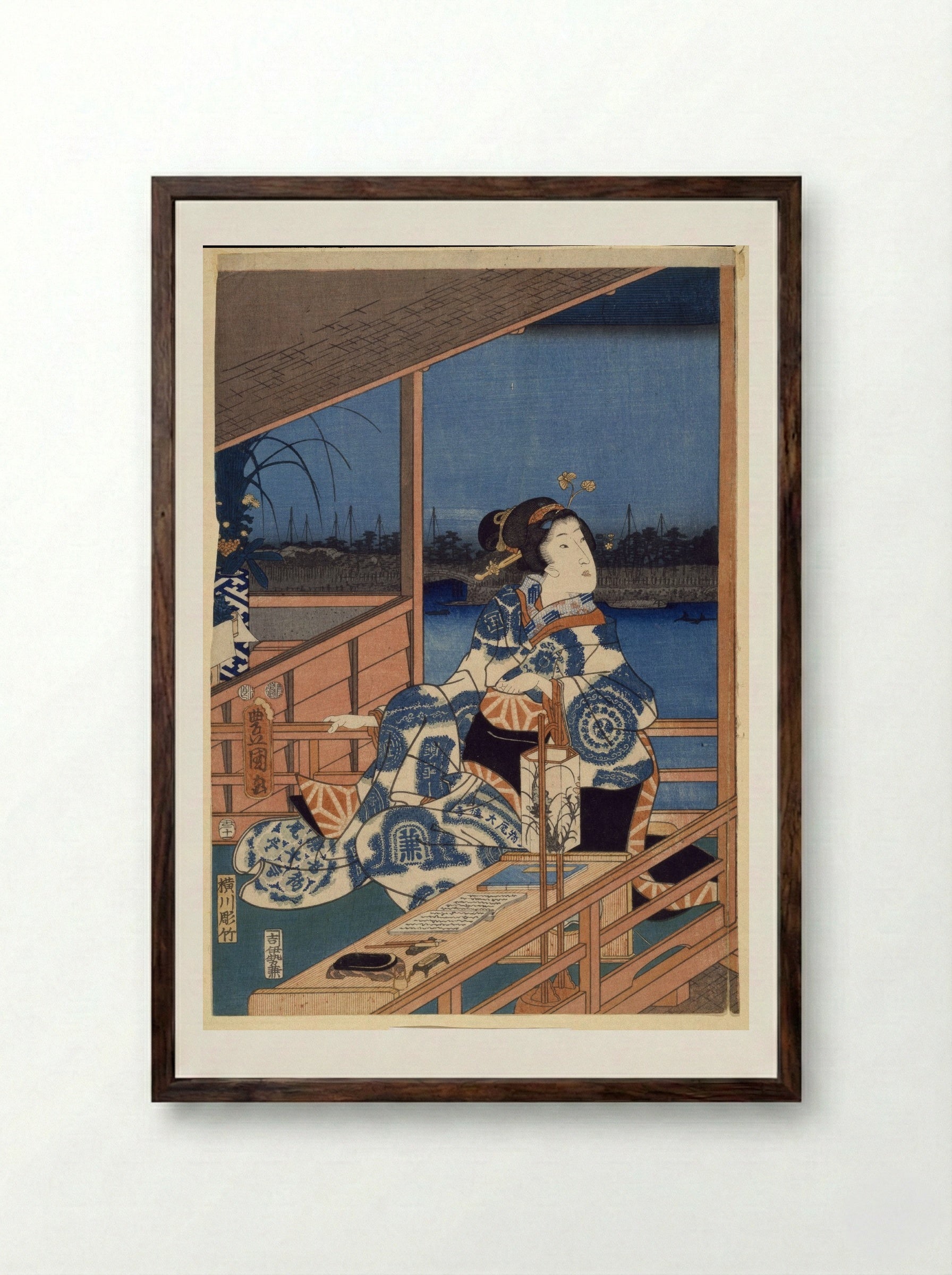 Moonlight View of Tsukuda with Lady on a Balcony - Utagawa Hiroshige - Framed Print Dark Wood