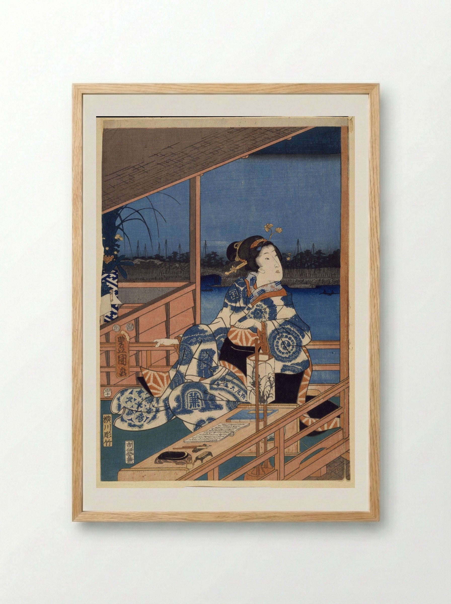 Moonlight View of Tsukuda with Lady on a Balcony - Utagawa Hiroshige - Framed Print Wood