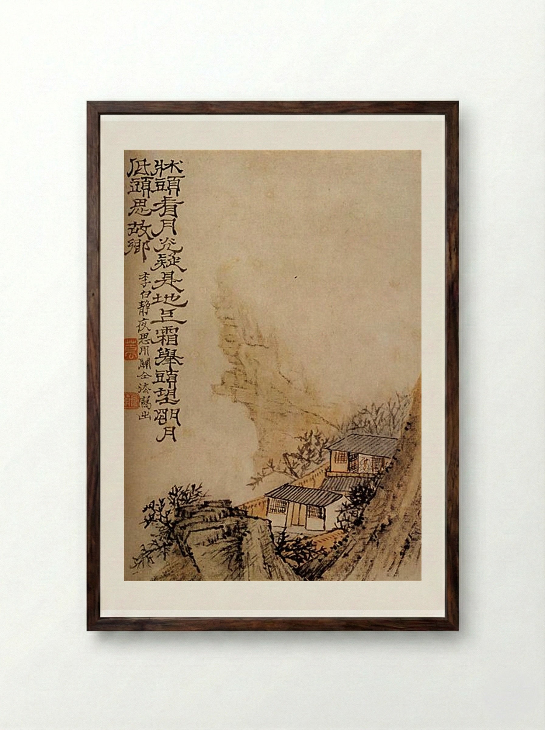 Moonlight on the Cliff - Shitao - Framed Print Dark Wood