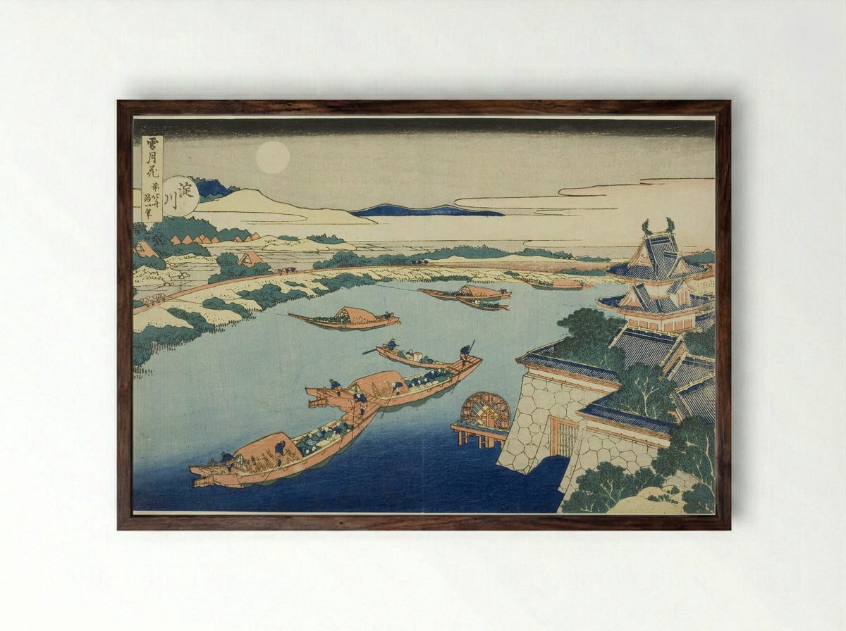 Moonlight on the Yodo River - Katsushika Hokusai - Framed Print Dark Wood